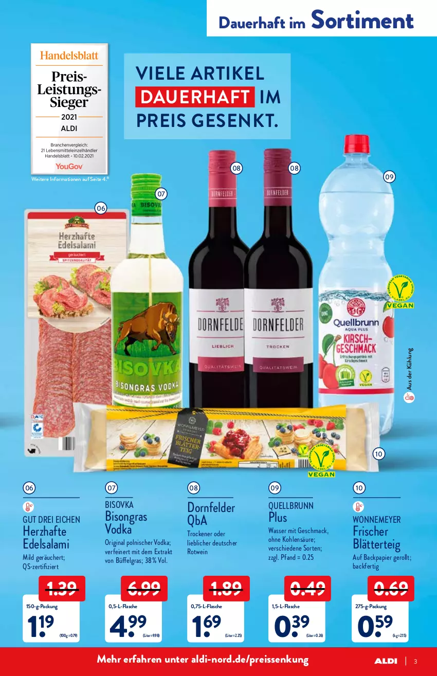 Aktueller Prospekt Aldi Nord - Aldi-Aktuell - von 10.01 bis 15.01.2022 - strona 3 - produkty: aldi, auer, blätterteig, dornfelder, Edelsalami, eis, flasche, gin, LG, mac, papier, Quellbrunn, reis, reiss, rotwein, salami, Ti, vodka, wasser, wein