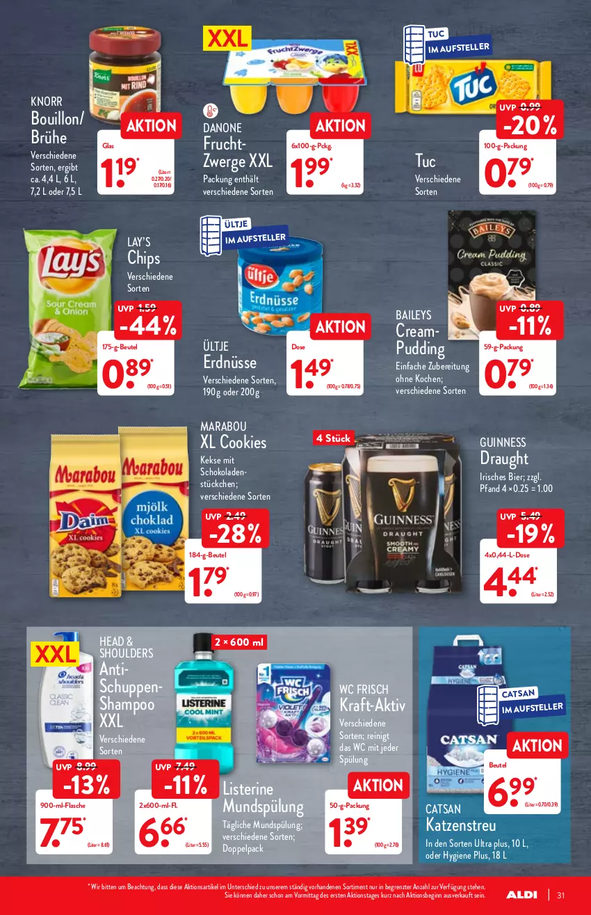 Aktueller Prospekt Aldi Nord - Aldi-Aktuell - von 10.01 bis 15.01.2022 - strona 31 - produkty: baileys, beutel, bier, Brühe, catsan, chips, cookie, cookies, danone, danone fruchtzwerge, elle, erdnüsse, flasche, frucht, fruchtzwerge, gin, Guinness, Katzenstreu, keks, kekse, knorr, kraft, listerine, Marabou, mundspülung, pudding, schoko, schokolade, schokoladen, shampoo, spülung, teller, Ti, tisch, tuc, ültje, wc frisch, ZTE