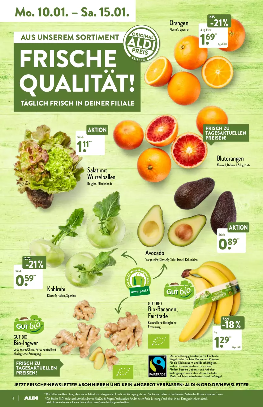 Aktueller Prospekt Aldi Nord - Aldi-Aktuell - von 10.01 bis 15.01.2022 - strona 4 - produkty: aldi, angebot, auer, avocado, ball, banane, bananen, Bau, Bauer, bio, bio-bananen, Blutorange, eis, elle, ingwer, kohlrabi, lebensmittel, LG, orange, orangen, Rauch, reis, salat, Ti, trolli, Yo, ZTE