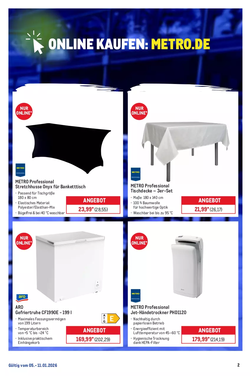 Aktueller Prospekt Metro - Online: Wochen-Angebote - von 05.01 bis 11.01.2026 - strona 2 - produkty: angebot, asti, Bank, Bau, baumwolle, bügel, decke, korb, Metro, papier, Ria, Ti, tisch, tischdecke, Trockner, wolle