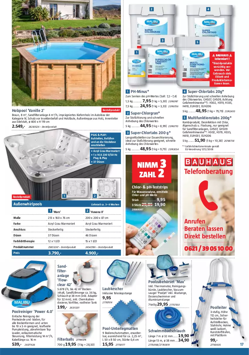 Aktueller Prospekt Bauhaus - Prospekte - von 29.04 bis 27.05.2023 - strona 17 - produkty: adapter, auer, auto, Bad, ball, Bau, bio, biozidprodukte, braun, bürste, Desinfektion, eier, eis, elle, Holz, Kescher, kraft, lack, LG, mars, pool, Rana, Rauch, reiniger, Reinigung, reinigungsbürste, reis, rwe, sandfilteranlage, schlauch, sekt, steckdose, tablet, tablett, Tablette, telefon, Teleskop, thermometer, Ti, tisch, vanille, wasser, Whirlpool