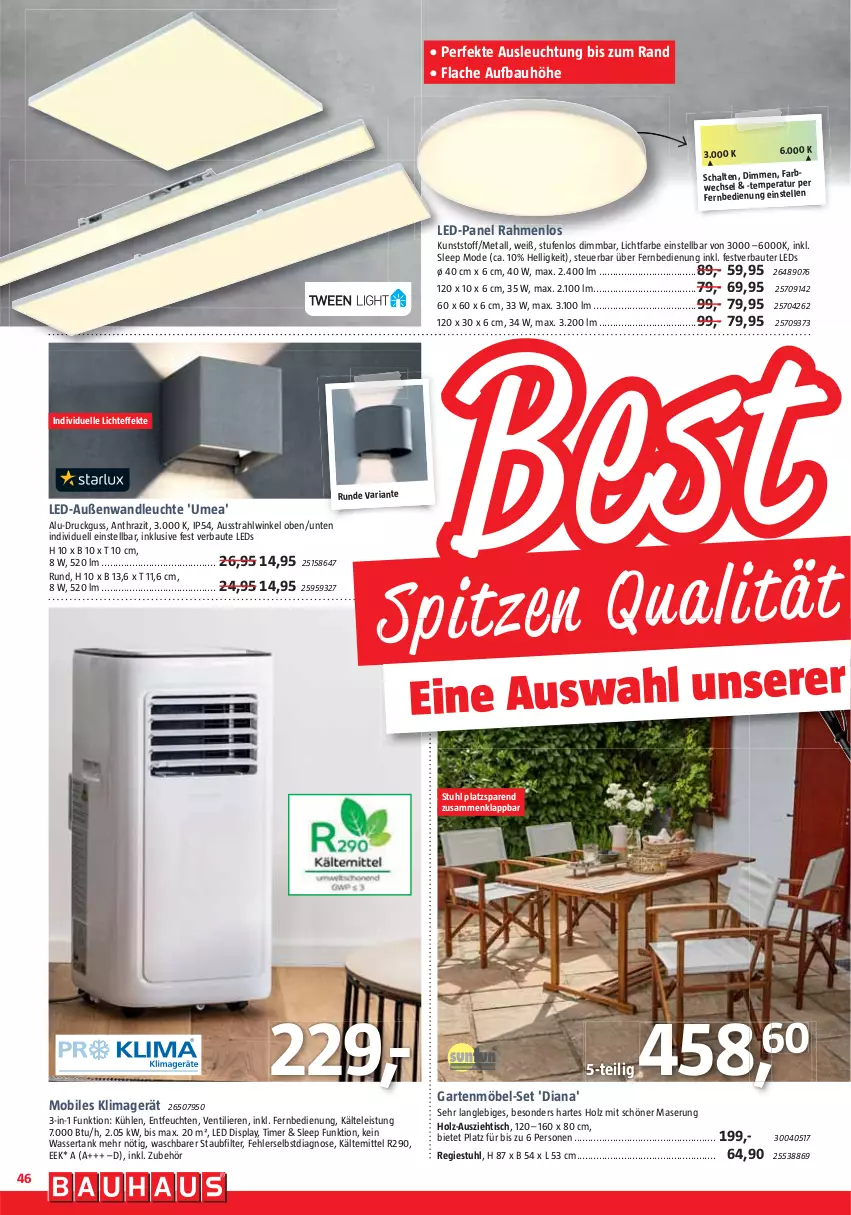 Aktueller Prospekt Bauhaus - Prospekte - von 29.04 bis 27.05.2023 - strona 46 - produkty: Bau, eis, elle, fernbedienung, Garten, gartenmöbel, Holz, klimagerät, leds, Leuchte, möbel, Mode, Ria, Schal, stuhl, Ti, timer, tisch, wasser, wassertank