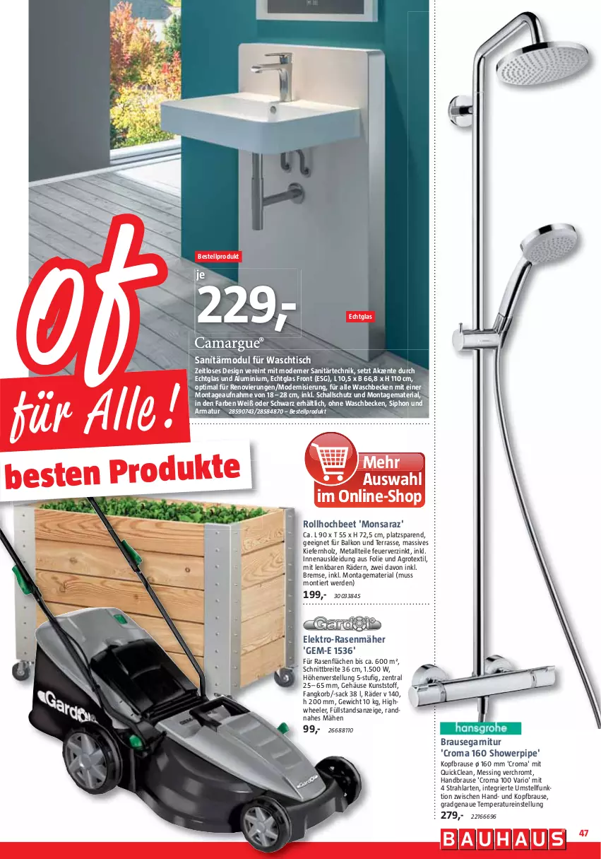 Aktueller Prospekt Bauhaus - Prospekte - von 29.04 bis 27.05.2023 - strona 47 - produkty: armatur, brause, Brei, elle, ente, erde, garnitur, handbrause, Holz, kleid, Kleidung, korb, Mode, ohne waschbecken, rasen, Ria, sac, Schal, senf, Ti, tisch, und armatur, waschbecken, waschtisch