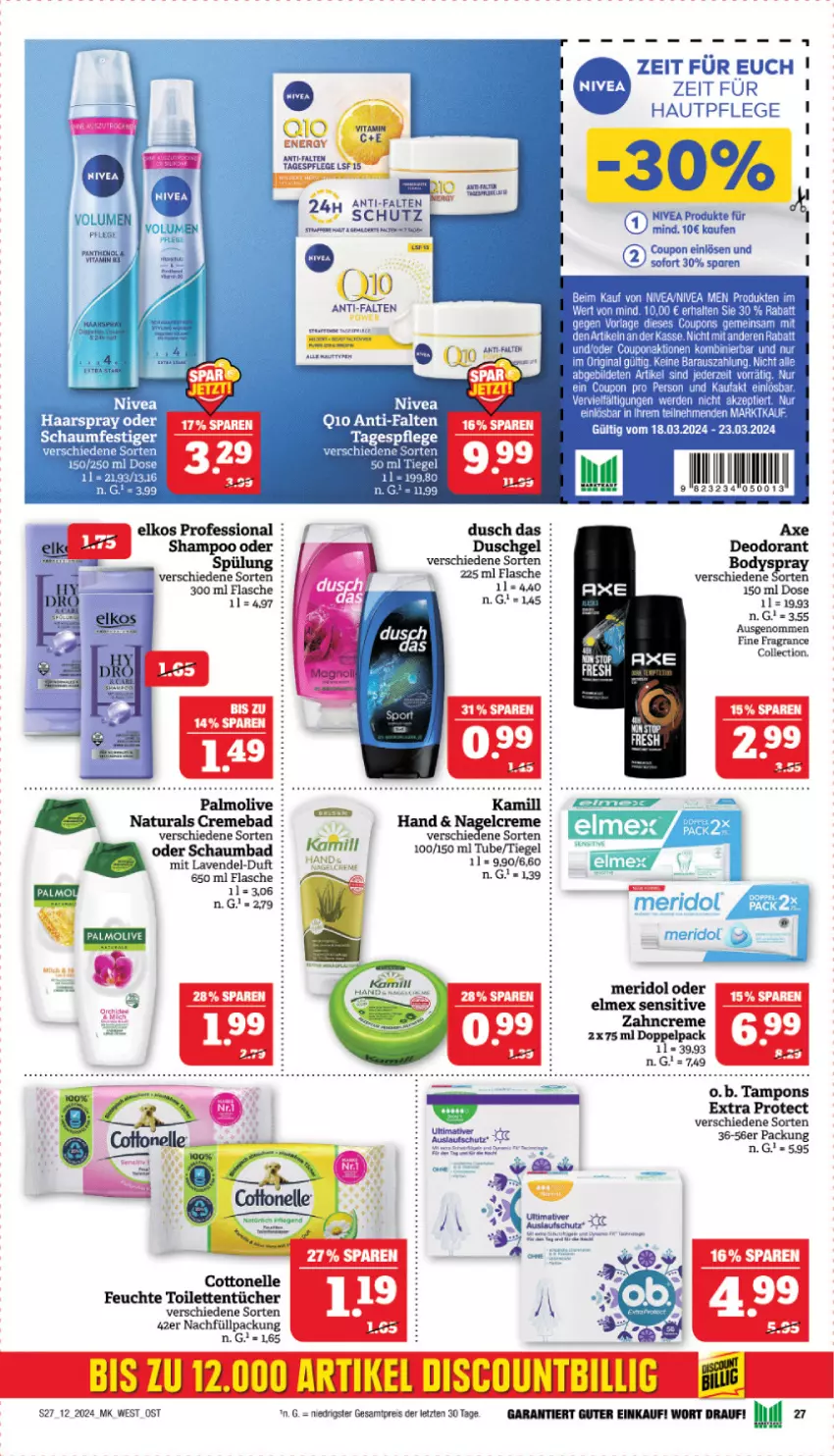 Aktueller Prospekt Marktkauf - Prospekt - von 17.03 bis 23.03.2024 - strona 29 - produkty: axe, Bad, body, bodyspray, creme, deo, deodorant, duschgel, eis, elkos, elmex, flasche, Kamill, lavendel, meridol, natur, natura, O.b., olive, palmolive, reis, schaumbad, shampoo, spülung, Tagespflege, Tampon, tampons, Ti, toilettentücher, tücher, zahncreme, ZTE