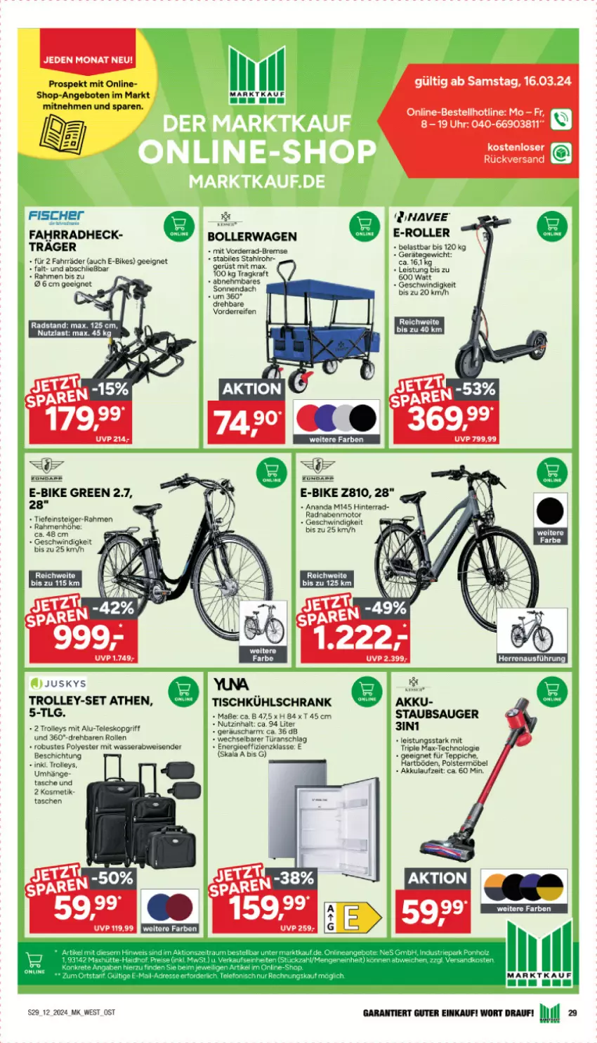 Aktueller Prospekt Marktkauf - Prospekt - von 17.03 bis 23.03.2024 - strona 31 - produkty: akku, angebot, angebote, bollerwagen, E-Bike, E-Bikes, E-Roller, eis, Fahrrad, fisch, fische, Fischer, kosmetik, kraft, kühlschrank, LG, möbel, reifen, Roller, Schrank, staubsauger, Tasche, taschen, Teleskop, teppich, teppiche, Ti, tisch, trolley, uhr, wasser