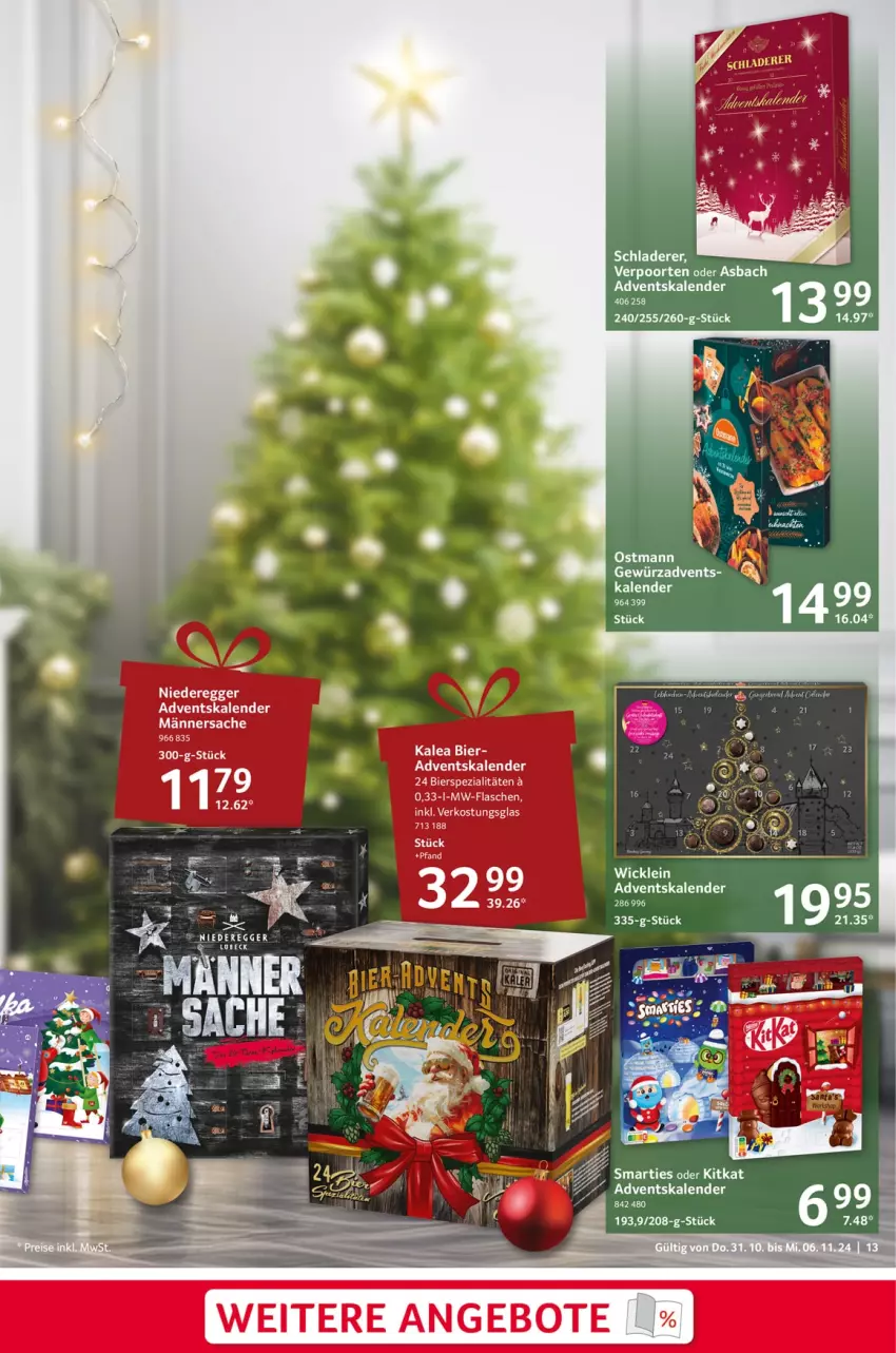 Aktueller Prospekt Selgros - Food - von 31.10 bis 06.11.2024 - strona 13 - produkty: Adventskalender, bier, bierspezialitäten, Egger, flasche, kitkat, mw-flasche, sac, Schladerer, smarties, Spezi, tee, Ti, WICK