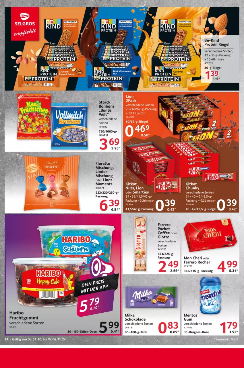 Aktueller Prospekt Selgros - Food - von 31.10 bis 06.11.2024 - strona 14 - produkty: Be-Kind, beutel, bonbons, cola, ferrero, Ferrero Rocher, frucht, fruchtgummi, giotto, haribo, Kinder, LG, lindor, lindt, mac, mentos, milka, riegel, rind, schoko, schokolade, smarties, storck, Ti