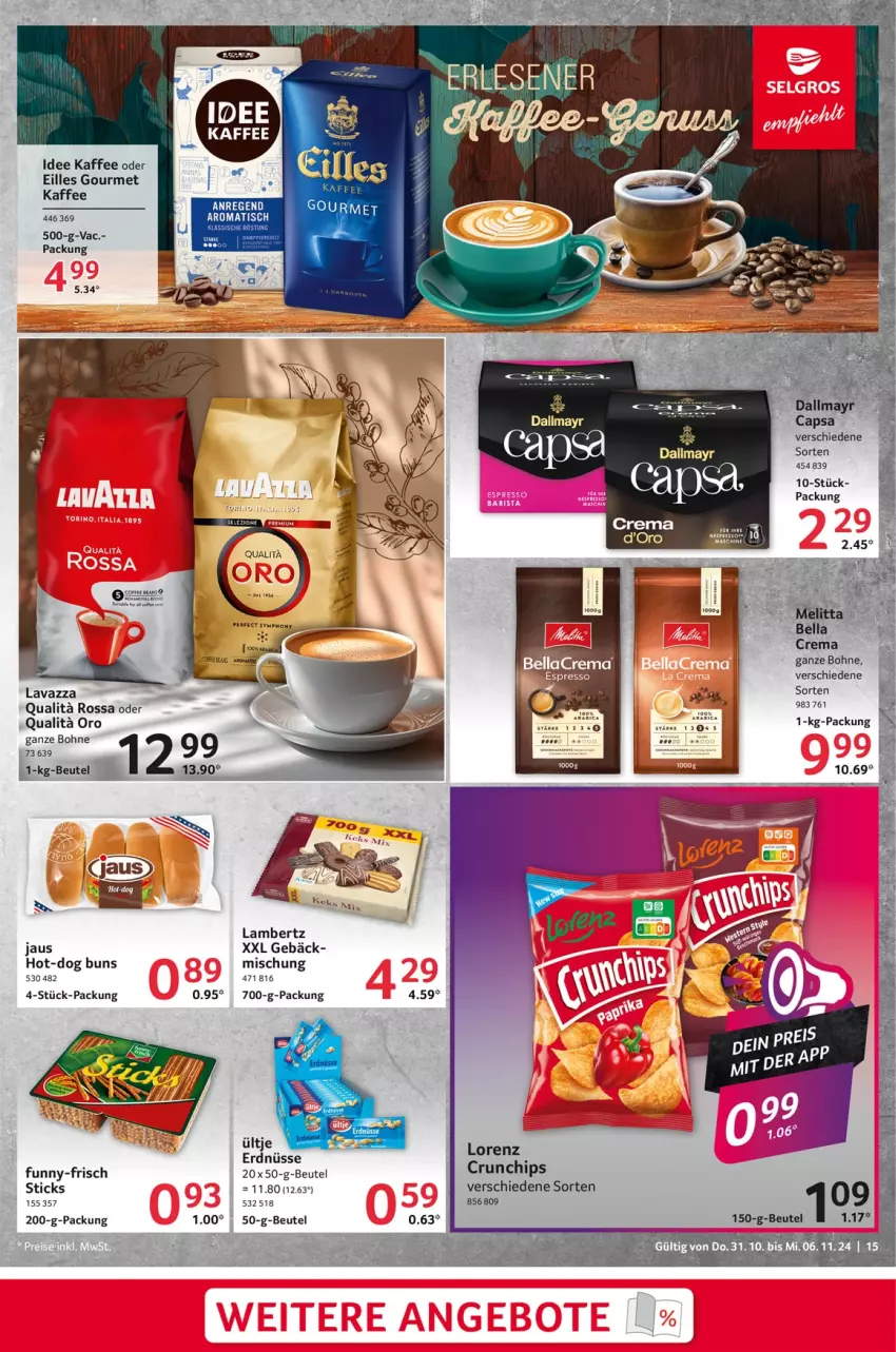 Aktueller Prospekt Selgros - Food - von 31.10 bis 06.11.2024 - strona 15 - produkty: Amber, beutel, bohne, chips, cin, crunchips, eilles gourmet, funny-frisch, kaffee, lambertz, lavazza, lorenz, Ti, tisch