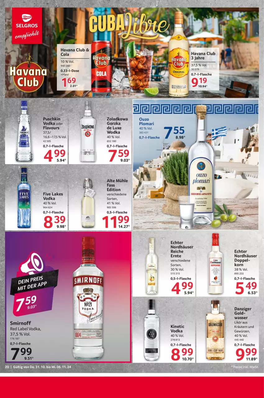 Aktueller Prospekt Selgros - Food - von 31.10 bis 06.11.2024 - strona 20 - produkty: cola, flasche, gewürz, Havana Club, korn, kräuter, kräutern, likör, ouzo, smirnoff, Ti, vodka, wasser, wodka