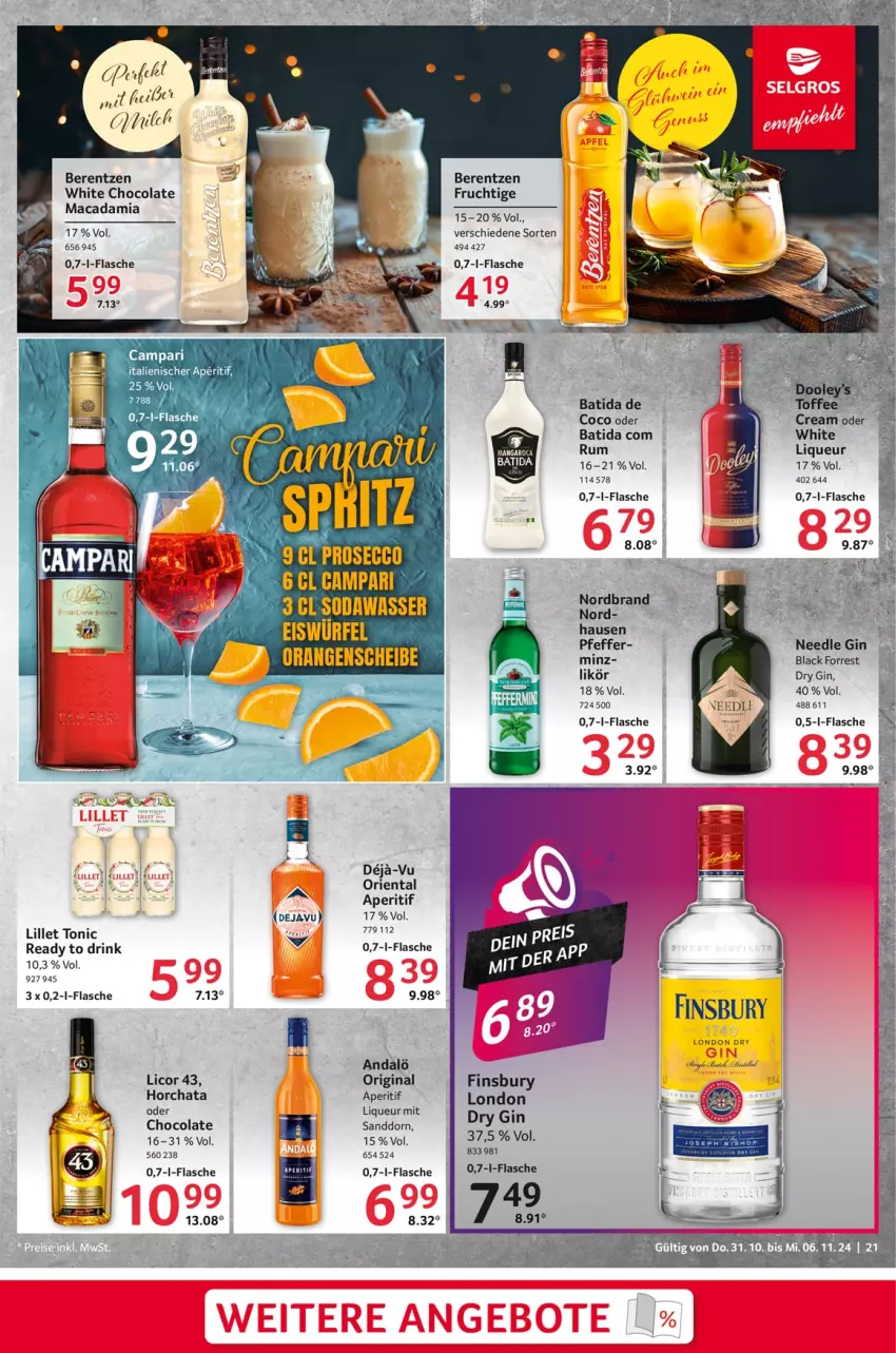 Aktueller Prospekt Selgros - Food - von 31.10 bis 06.11.2024 - strona 21 - produkty: aperitif, batida, berentzen, buch, campari, cola, drink, dry gin, finsbury, flasche, frucht, gin, lack, licor, licor 43, lillet, liqueur, mac, macadamia, mangaroca, pfeffer, rum, sanddorn, Ti, tonic, white chocolate