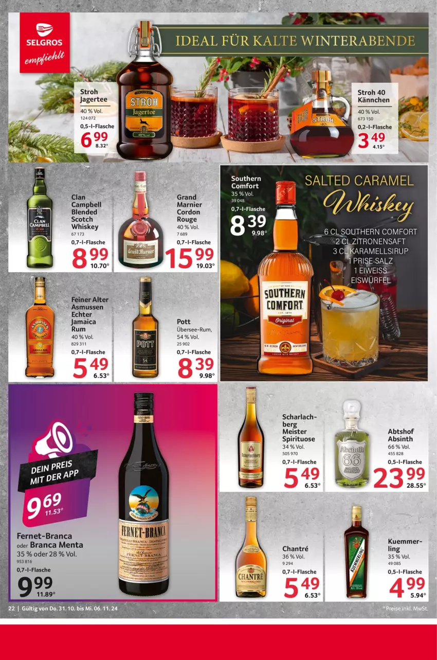 Aktueller Prospekt Selgros - Food - von 31.10 bis 06.11.2024 - strona 22 - produkty: arla, caramel, eis, Fernet, flasche, Jagertee, Meister, rouge, rum, saft, scotch, Southern Comfort, tee, Ti, whiskey, zitrone, zitronen, zitronensaft