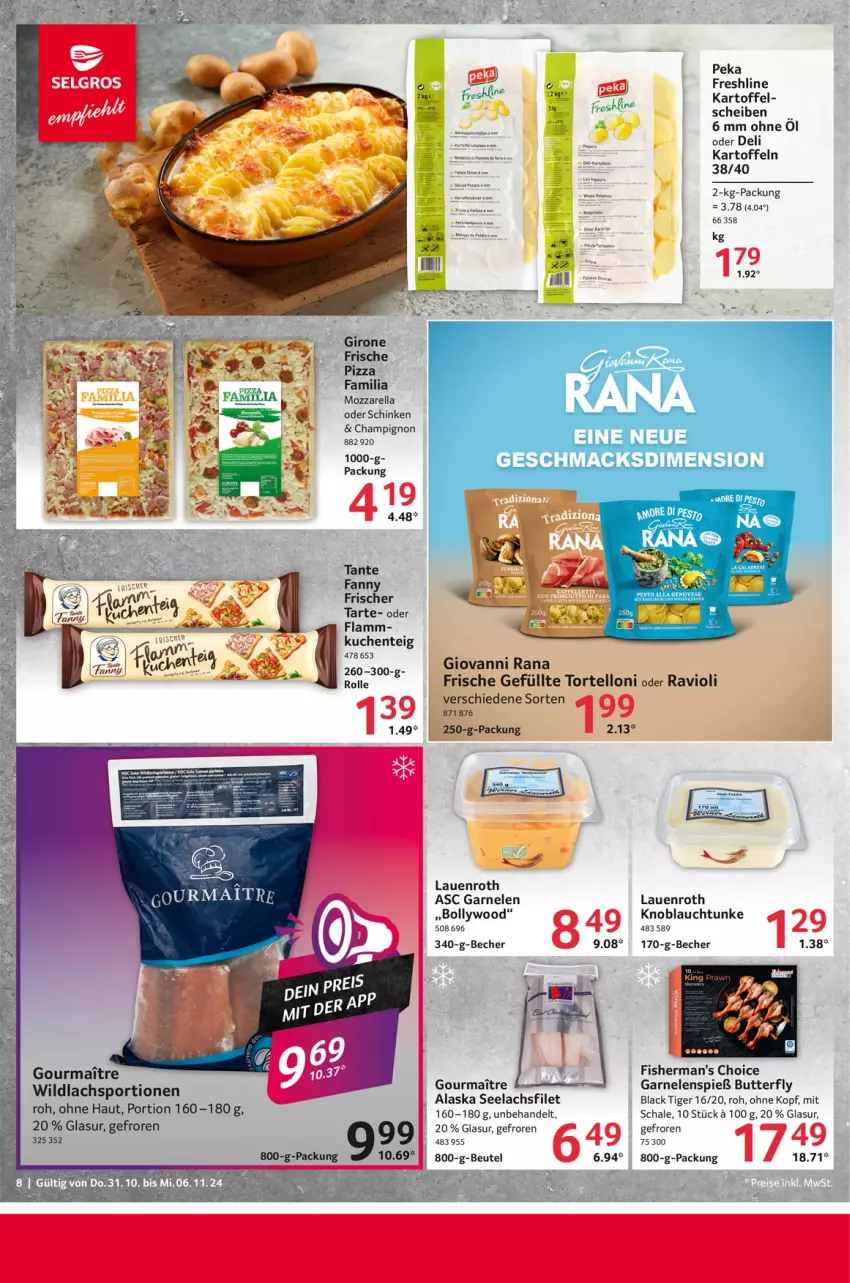 Aktueller Prospekt Selgros - Food - von 31.10 bis 06.11.2024 - strona 8 - produkty: Becher, beutel, butter, champignon, ente, filet, garnelen, giovanni rana, kartoffel, kartoffeln, knoblauch, kuchen, lachs, lachsfilet, lack, lamm, mozzarella, pizza, Rana, ravioli, rel, Schal, Schale, schinken, seelachsfilet, Sport, tante fanny, Ti, Wild, wildlachs