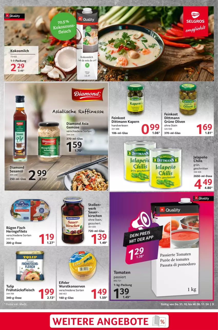 Aktueller Prospekt Selgros - Food - von 31.10 bis 06.11.2024 - strona 9 - produkty: auer, chili, dittmann, eis, feinkost, filet, filets, finesse, fisch, fleisch, frühstücksfleisch, hering, Herings, heringsfilets, kirsch, kirsche, kirschen, kokos, kokosmilch, Konserven, milch, olive, oliven, ring, schnitten, Stollen, Ti, tisch, tomate, tomaten, tulip, wurst, wurstkonserven, zucker