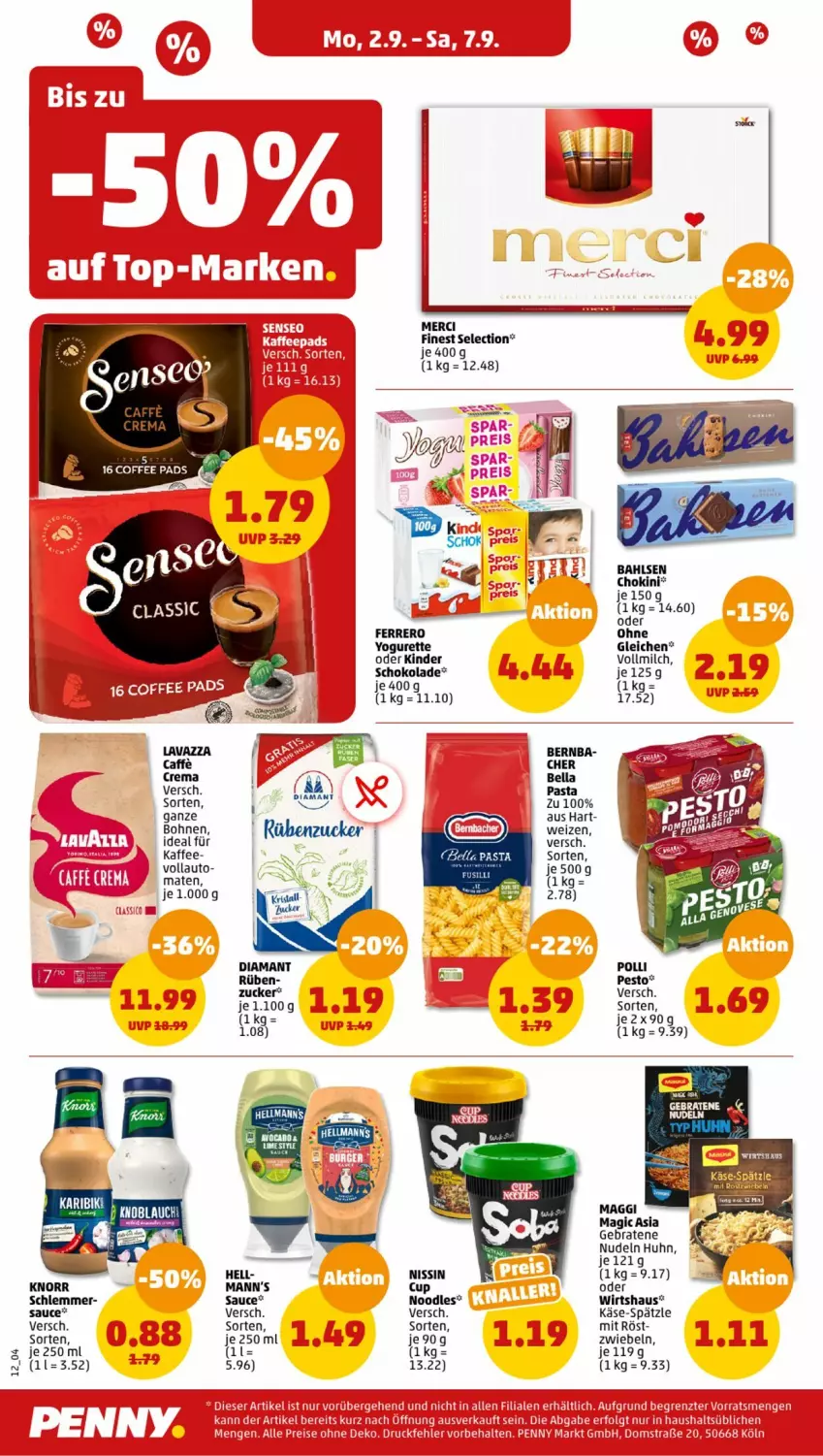 Aktueller Prospekt Penny - Prospekte - von 02.09 bis 07.09.2024 - strona 12 - produkty: auto, bohne, bohnen, braten, caffe, eis, ferrero, kaffee, Käse, Kinder, knorr, lavazza, maggi, merci, milch, Nissin, nudel, nudeln, reis, Ria, sauce, schoko, schokolade, tee, Ti, vollmilch, Yo, yogurette, ZTE, zucker, zwiebel, zwiebeln