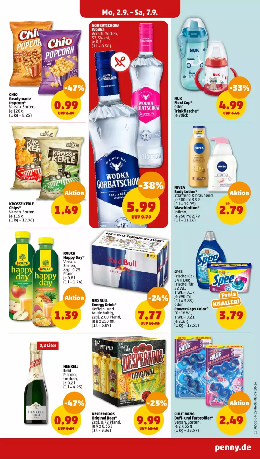 Aktueller Prospekt Penny - Prospekte - von 02.09 bis 07.09.2024 - strona 13 - produkty: Cap, chips, Cillit, deo, desperados, drink, energy drink, flasche, gin, Happy Day, henkel, henkell, Lotion, nivea, nuk, popcorn, Rauch, red bull, sekt, spee, Ti, trinkflasche, Waschlotion