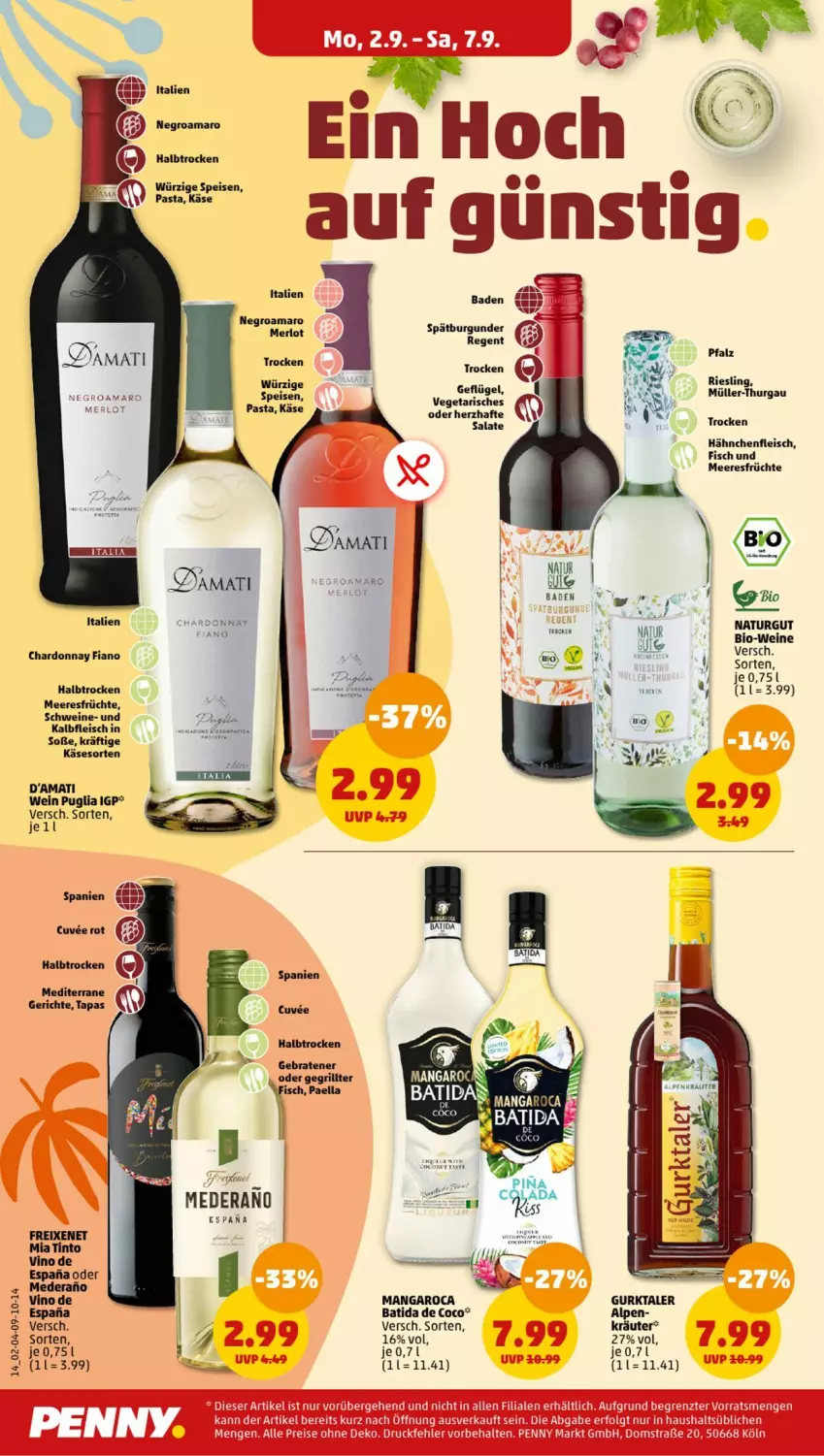 Aktueller Prospekt Penny - Prospekte - von 02.09 bis 07.09.2024 - strona 14 - produkty: amaro, Bad, batida, bio, Bio-Wein, braten, burgunder, chardonnay, eis, fisch, Fisch und Meeresfrüchte, fleisch, freixenet, früchte, grill, Hähnchenfleisch, Kalbfleisch, Käse, LG, mangaroca, meeresfrüchte, merl, merlot, Müller, Müller-Thurgau, natur, paella, pasta, reis, riesling, salat, salate, schwein, schweine, Soße, spätburgunder, Tapas, Ti, wein, weine, ZTE