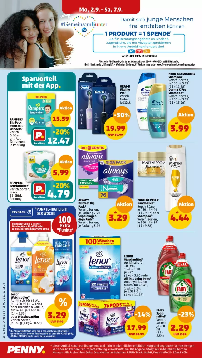 Aktueller Prospekt Penny - Prospekte - von 02.09 bis 07.09.2024 - strona 16 - produkty: Alwa, Always, angebot, angebote, Blüte, Discreet, feuchttücher, Kinder, lenor, lenor waschmittel, lenor weichspüler, Maske, oral-b, orchidee, pampers, pantene, pantene pro-v, Pants, payback, Pods, pril, pro-v, shampoo, slip, slipeinlagen, tee, Ti, tücher, vanille, vita, vitality, wäscheparfüm, waschmittel, weichspüler, windeln