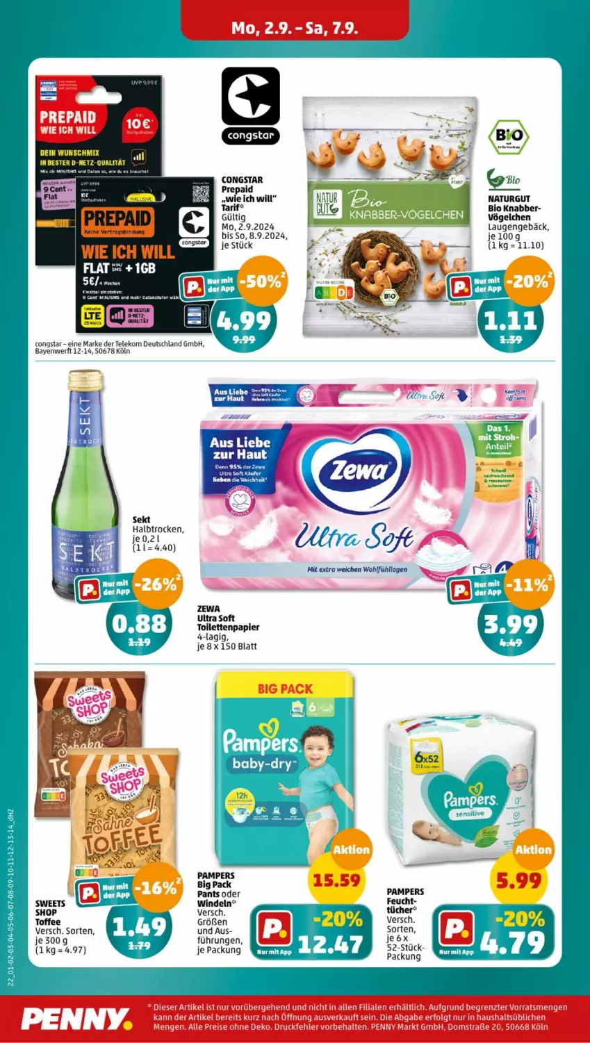 Aktueller Prospekt Penny - Prospekte - von 02.09 bis 07.09.2024 - strona 22 - produkty: bio, congstar, elle, natur, pampers, Pants, papier, Rauch, Ti, toilettenpapier, tücher, windeln, zewa