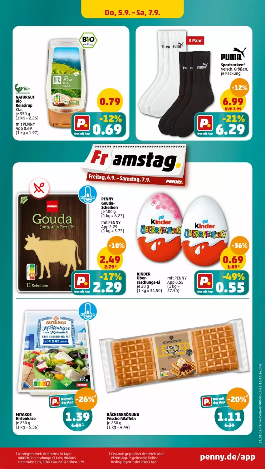 Aktueller Prospekt Penny - Prospekte - von 02.09 bis 07.09.2024 - strona 23 - produkty: bio, cin, eis, gouda, hirtenkäse, jbl, Käse, Kinder, natur, puma, reis, reiss, sirup, socken, Sport, sportsocken, waffeln