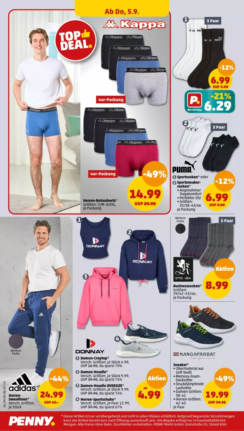 Aktueller Prospekt Penny - Prospekte - von 02.09 bis 07.09.2024 - strona 26 - produkty: Adidas, Croptop, decksohle, eier, hose, puma, retroshorts, Ria, schuhe, shorts, sneaker, socken, Sport, sportschuhe, sportsocken, Sweathose, Ti