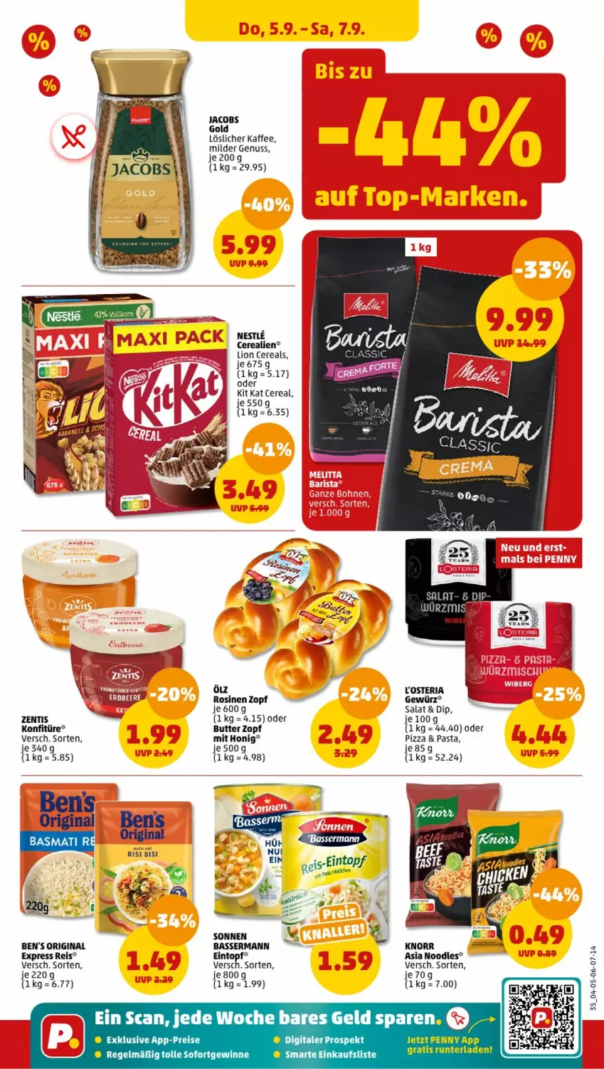 Aktueller Prospekt Penny - Prospekte - von 02.09 bis 07.09.2024 - strona 35 - produkty: Ben’s Original, butter, cerealien, cereals, dip, eintopf, eis, gewürz, gin, honig, jacobs, Jacobs Gold, kaffee, Kit Kat, knorr, konfitüre, lion, löslicher kaffee, nuss, pasta, pizza, reis, Ria, salat, Ti, topf, zentis