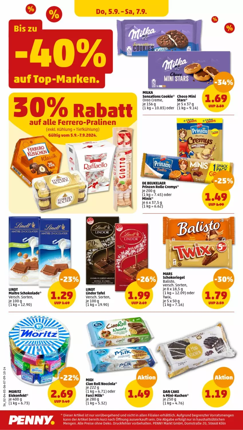 Aktueller Prospekt Penny - Prospekte - von 02.09 bis 07.09.2024 - strona 36 - produkty: balisto, cola, cookie, creme, cremys, de beukelaer, eis, eiskonfekt, kuchen, lindor, lindt, mars, milka, oreo, prinzen rolle, riegel, schoko, schokolade, schokoriegel, sensations, Ti, twix