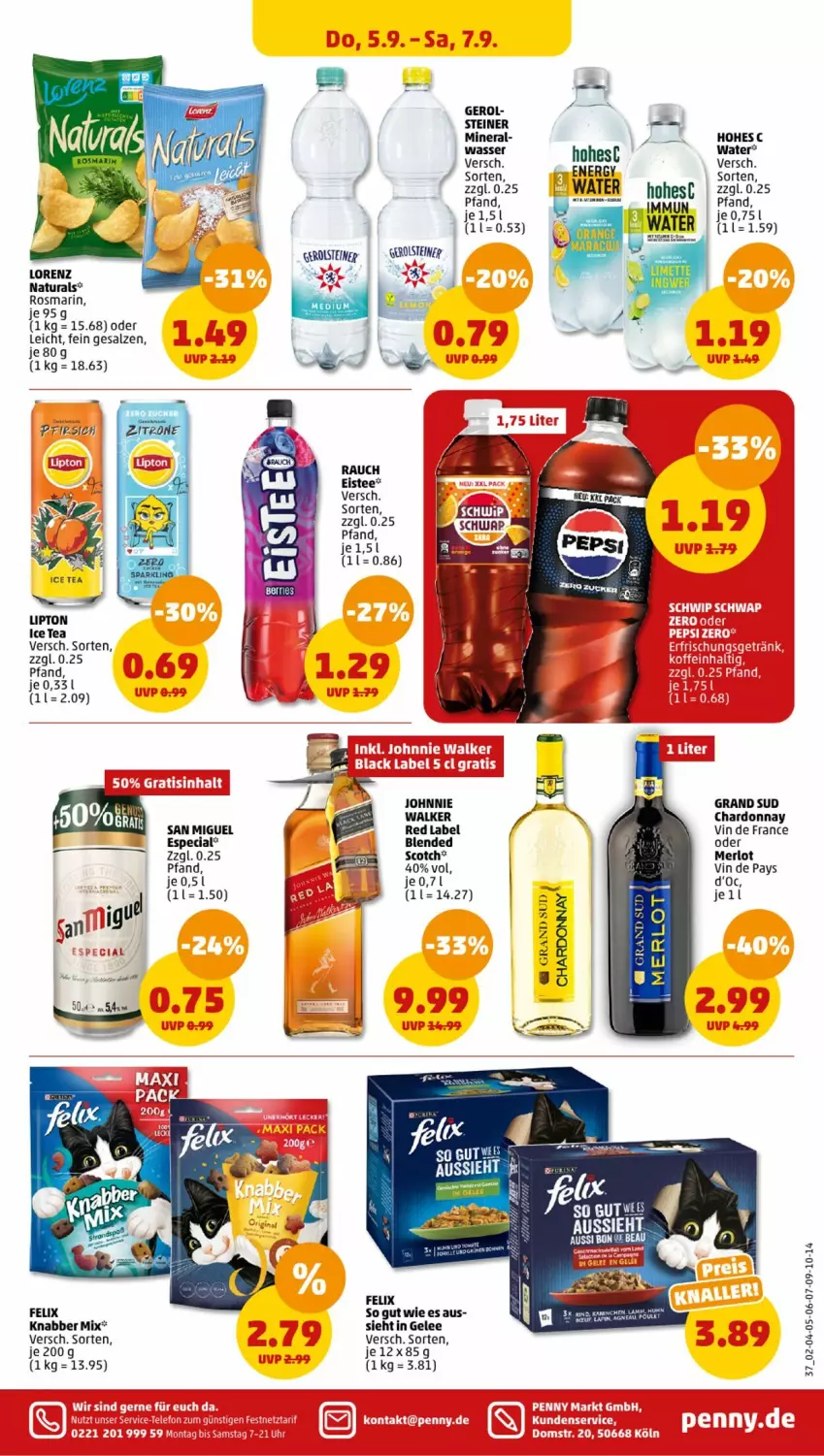 Aktueller Prospekt Penny - Prospekte - von 02.09 bis 07.09.2024 - strona 37 - produkty: chardonnay, eis, eistee, felix, gelee, grand sud, Hohes C, ice tea, lipton, lipton ice tea, lorenz, merl, merlot, Rauch, rosmarin, salz, scotch, steiner, tee, vin de france, wasser