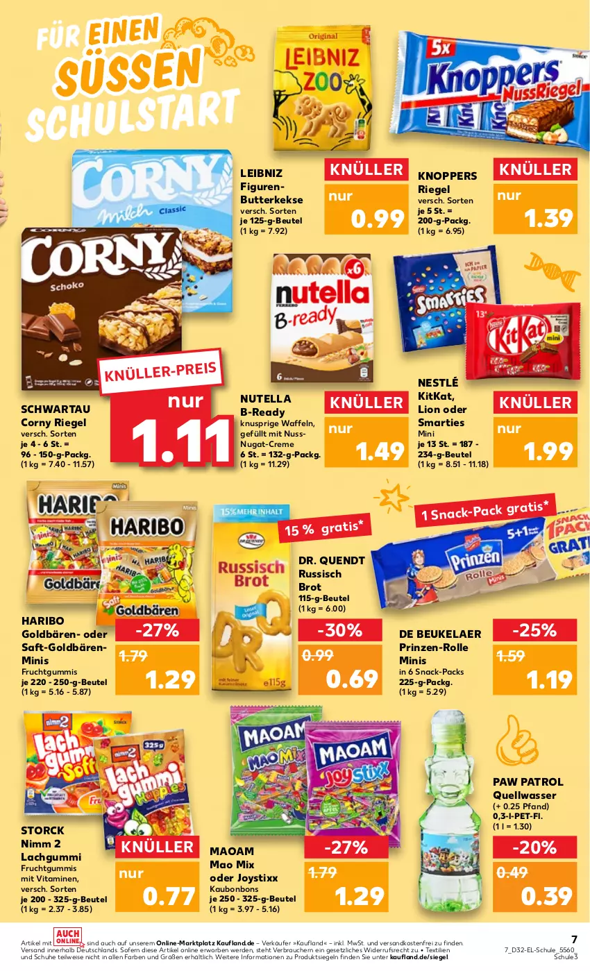 Aktueller Prospekt Kaufland - von 11.08 bis 24.08.2022 - strona 7 - produkty: beutel, bonbons, brot, butter, butterkeks, corny, creme, de beukelaer, eis, erde, frucht, fruchtgummi, fruchtgummis, goldbären, haribo, keks, kekse, kitkat, knoppers, lachgummi, leibniz, lion, maoam, ndk, nestlé, Nimm 2, nuss, nutella, Paw Patrol, Rauch, riegel, russisch brot, saft, schuhe, Schwartau, smarties, snack, storck, Ti, versandkostenfrei, vita, Vitamine, waffeln, wasser