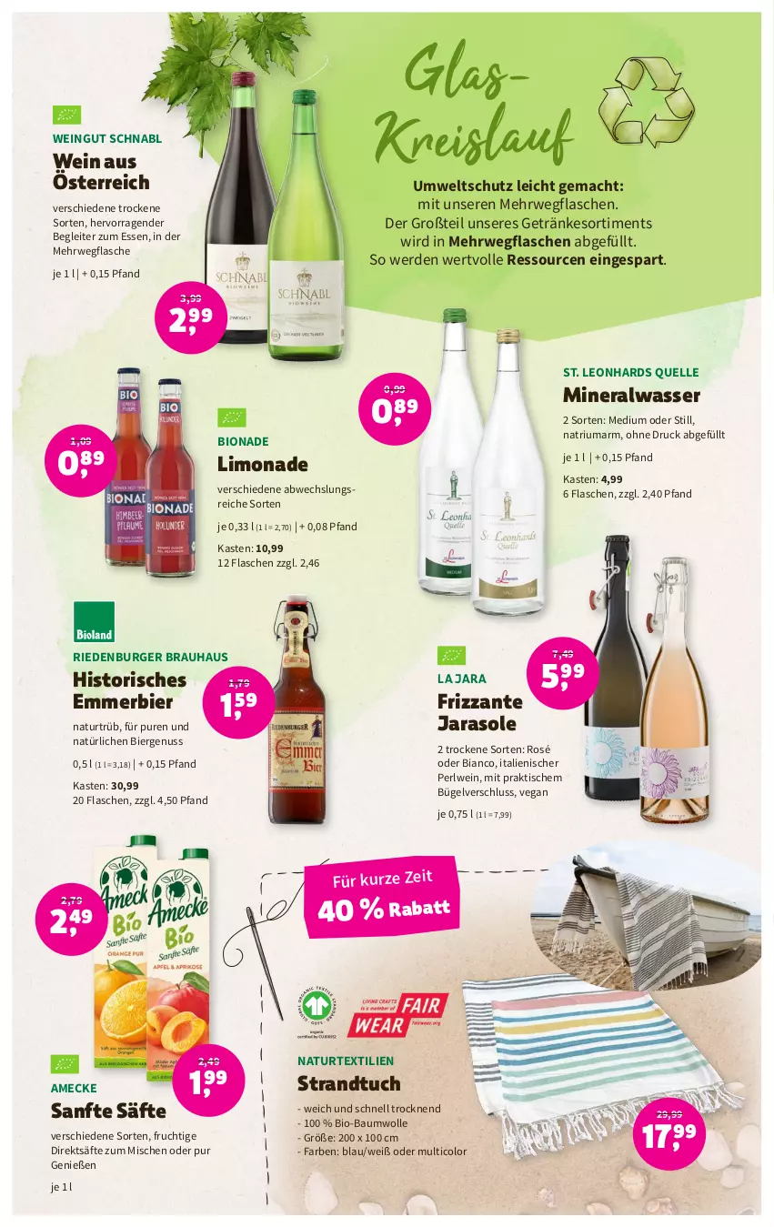 Aktueller Prospekt Denns Biomarkt - Prospekte - von 21.06 bis 04.07.2023 - strona 10 - produkty: Alwa, amecke, Bau, baumwolle, bier, bio, bio-baumwolle, bionade, bügel, burger, eis, elle, erde, flasche, frizzante, frucht, getränk, getränke, limo, limonade, mac, mineralwasser, natur, nuss, reis, rwe, säfte, strandtuch, Ti, tisch, tuc, wasser, wein, wolle