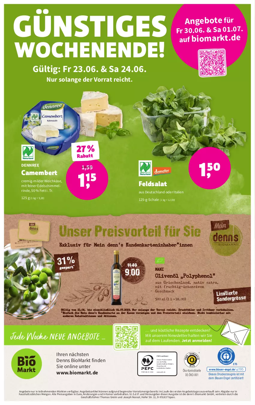 Aktueller Prospekt Denns Biomarkt - Prospekte - von 21.06 bis 04.07.2023 - strona 12 - produkty: angebot, angebote, auer, bio, camembert, Clin, decke, dennree, drucker, eis, elle, Engel, feldsalat, frucht, Käse, kerze, Laufen, mac, mit frucht, olive, oliven, olivenöl, preisvorteil, reis, rezept, rezepte, rind, salat, Schal, Schale, Ti, trolli, weichkäse, ZTE