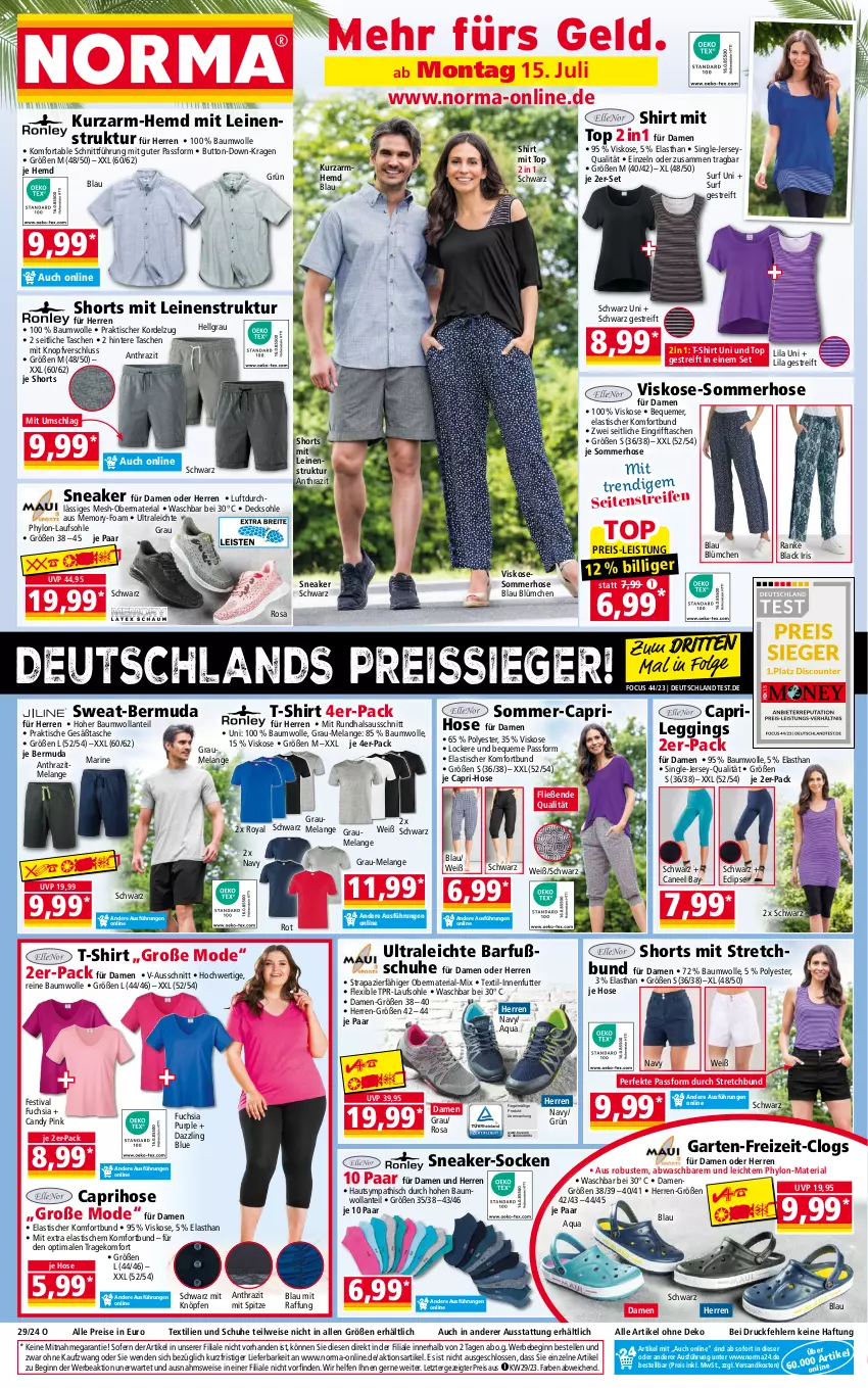 Aktueller Prospekt Norma - Norma - von 15.07 bis 22.07.2024 - strona 1 - produkty: aqua, asti, Bau, baumwolle, Bebe, bermuda, Cap, caprihose, Clogs, decksohle, eis, Elan, elle, Garten, gin, hemd, hose, Hylo, lack, leggings, leine, LG, Mode, ndk, pril, reine baumwolle, reis, reiss, Ria, schuhe, shirt, shorts, sneaker, socken, Surf, T-Shirt, Tasche, taschen, Ti, tisch, wolle, ZTE