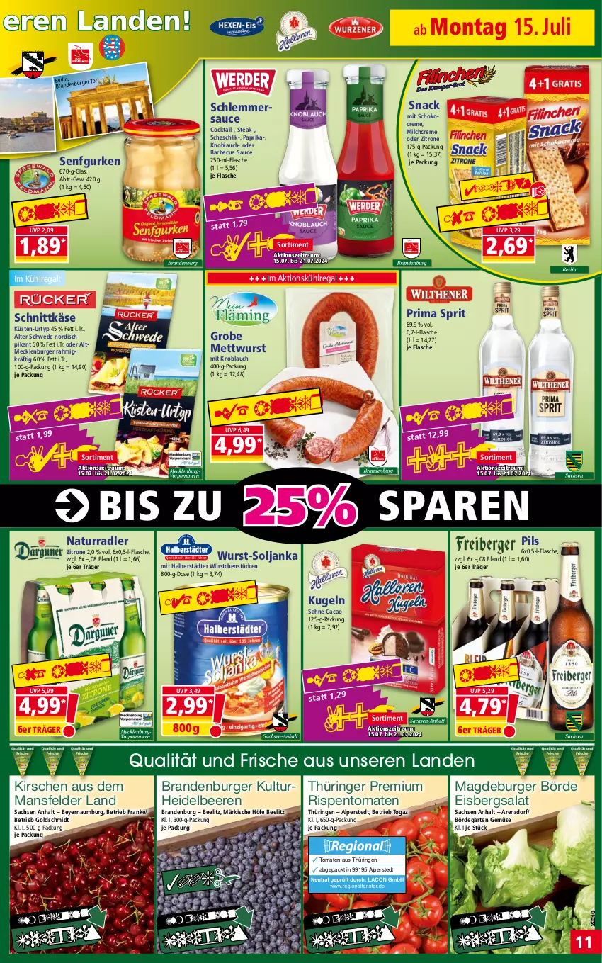 Aktueller Prospekt Norma - Norma - von 15.07 bis 22.07.2024 - strona 11 - produkty: barbecue, beere, beeren, burger, cocktail, creme, eis, eisbergsalat, flasche, Garten, gurke, gurken, heidelbeere, heidelbeeren, HP, Käse, kirsch, kirsche, kirschen, knoblauch, Kugel, kühlregal, Mett, mettwurst, milch, mit knoblauch, natur, paprika, pils, radler, regal, reis, ring, rispentomaten, sac, sahne, salat, sauce, schlemmersauce, schnittkäse, schoko, senf, snack, steak, Ti, tiefpreis, tomate, tomaten, urtyp, wurst, würstchen, zitrone