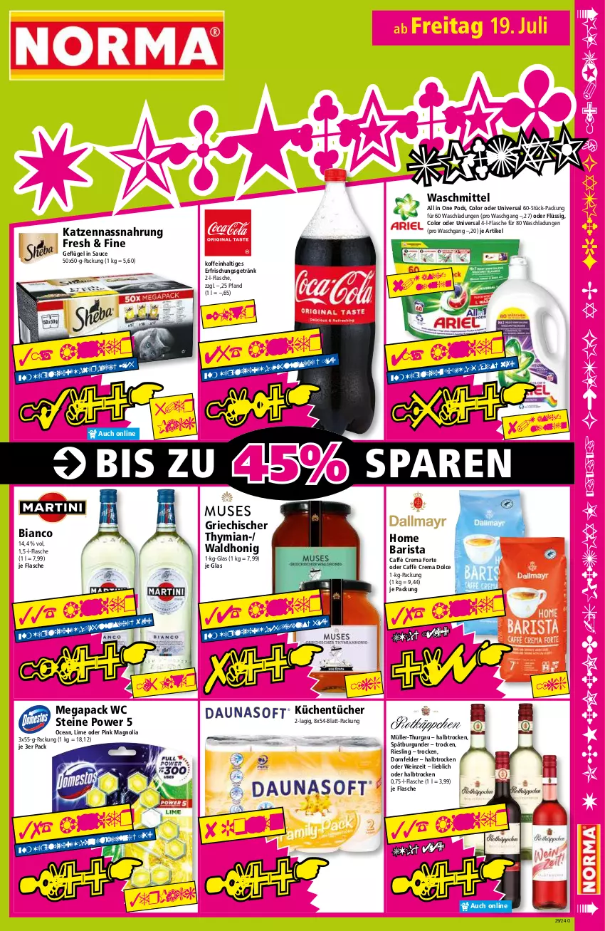 Aktueller Prospekt Norma - Norma - von 15.07 bis 22.07.2024 - strona 15 - produkty: burgunder, caffè crema, dornfelder, erfrischungsgetränk, flasche, Geflügel, getränk, honig, küche, Küchen, küchentücher, Müller, Müller-Thurgau, Nassnahrung, Pods, riesling, sauce, spätburgunder, Ti, tücher, waschmittel, wein