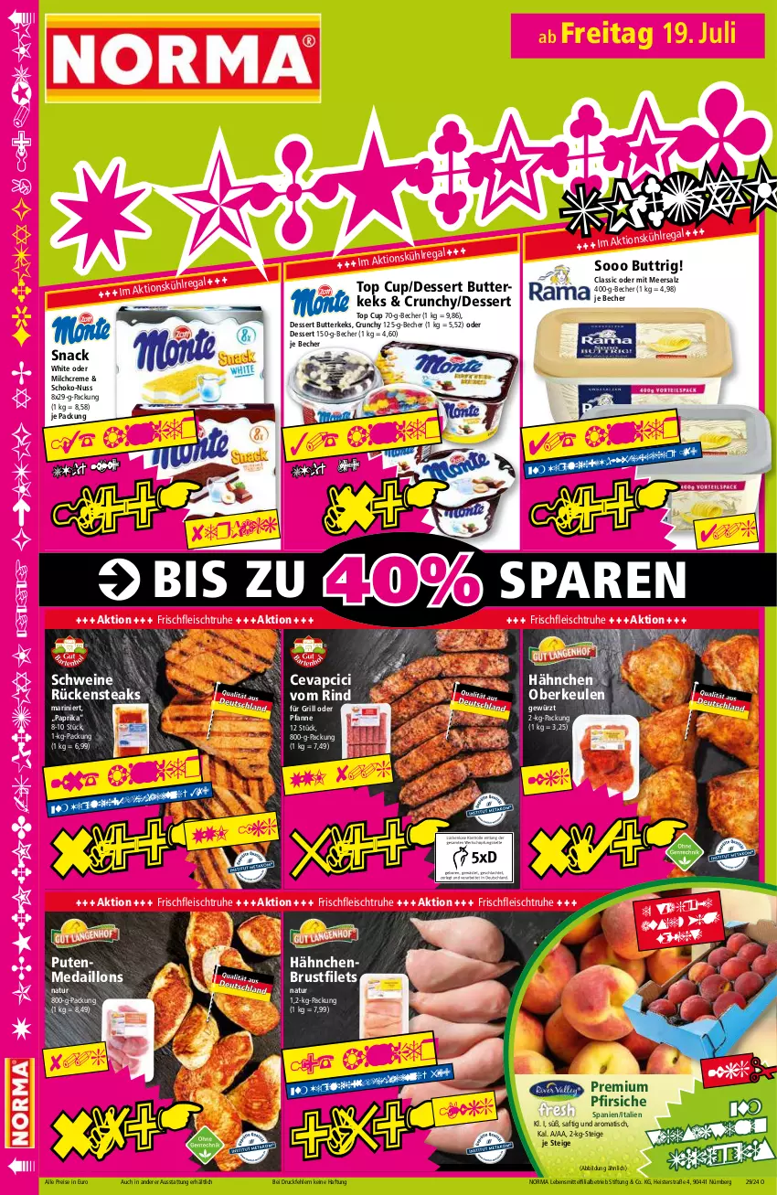 Aktueller Prospekt Norma - Norma - von 15.07 bis 22.07.2024 - strona 16 - produkty: Becher, brustfilet, butter, butterkeks, cevapcici, creme, dessert, eis, filet, filets, fleisch, früchte, gewürz, grill, hähnchenbrust, hähnchenbrustfilet, keks, lebensmittel, medaillons, meersalz, milch, natur, nuss, paprika, pfanne, pfirsich, pfirsiche, pute, regal, reis, rind, Rückensteak, rückensteaks, saft, salz, schoko, schwein, schweine, snack, steak, steaks, Ti, tiefpreis, tisch, wein, weine