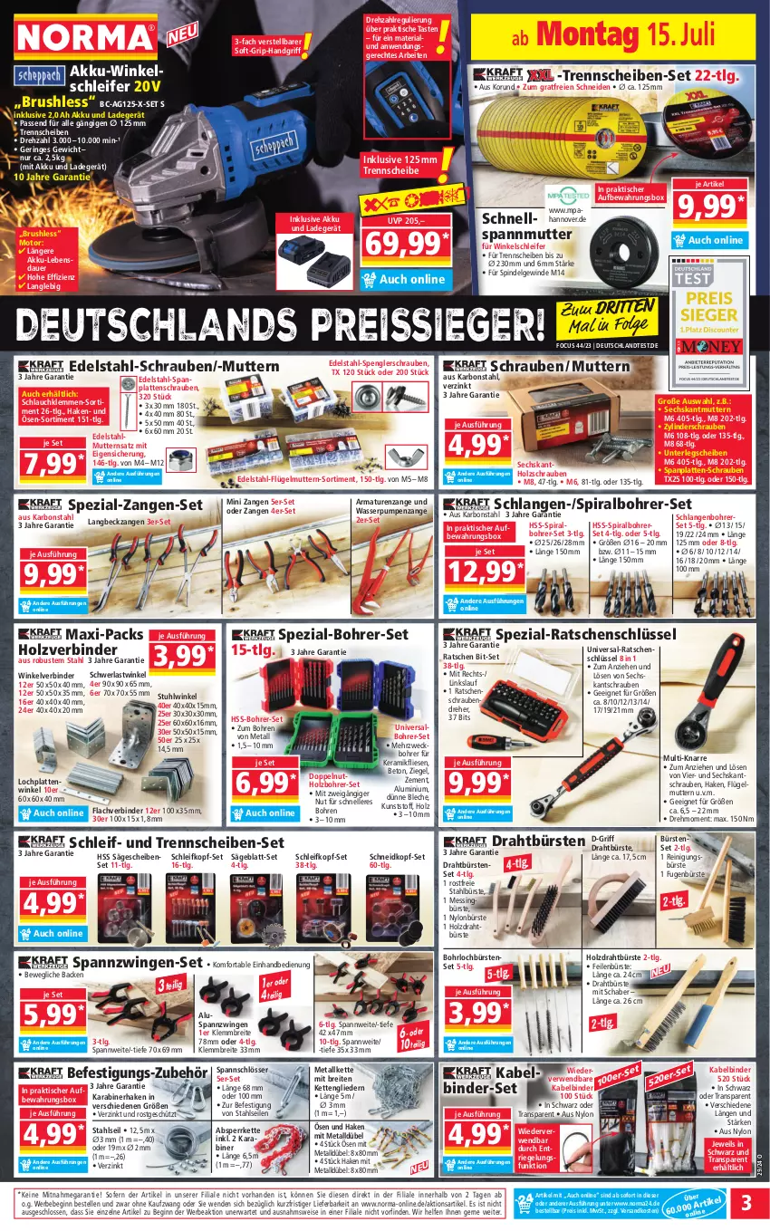 Aktueller Prospekt Norma - Norma - von 15.07 bis 22.07.2024 - strona 3 - produkty: akku, Akku-Winkelschleifer, armatur, armaturen, auer, aufbewahrungsbox, Bebe, Bohrer-Set, Bohrerset, Brei, bürste, bürsten, Draht, edelstahl, eis, elle, Fugenbürste, gin, Holz, HP, Kette, ladegerät, latte, LG, ndk, passend für alle, Reinigung, reinigungsbürste, reis, reiss, Ria, riegel, ring, rwe, säge, schlauch, schrauben, Schraubendreher, Spezi, stuhl, Ti, tisch, wasser, Wasserpumpenzange, weck, Winkelschleifer, Zangen, Zement