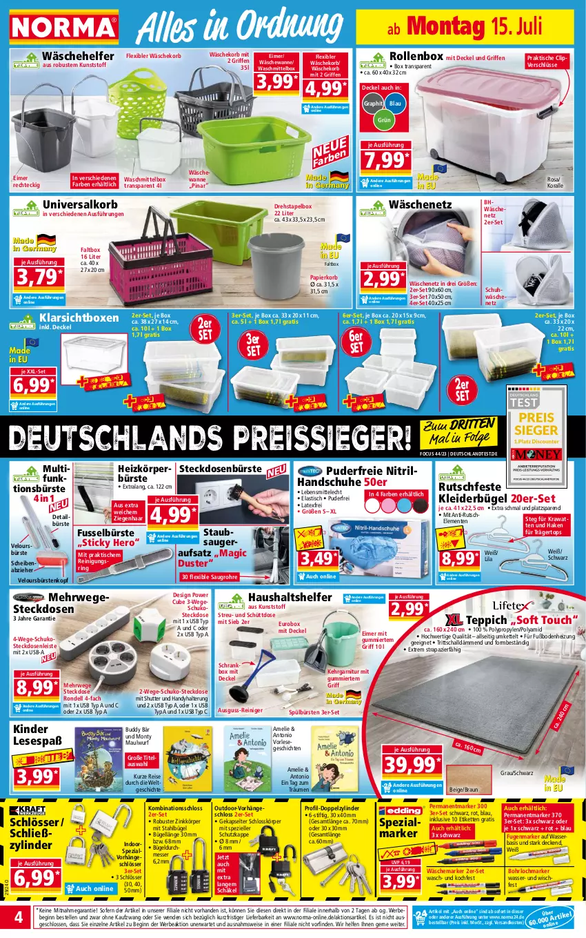 Aktueller Prospekt Norma - Norma - von 15.07 bis 22.07.2024 - strona 4 - produkty: asti, Bebe, braun, bügel, bürste, bürsten, decke, Deckel, dell, eimer, eis, elle, ente, garnitur, gin, handschuhe, Handy, hero, Kehrgarnitur, Kette, Kinder, Klarsichtbox, kleid, kleider, kleiderbügel, korb, lebensmittel, LG, messer, ndk, papier, reiniger, Reinigung, reis, reiss, ring, Rollenbox, Rondell, rwe, Schal, Schrank, schuhe, Spezi, Spezialmarker, steckdose, Steckdosenleiste, teppich, Ti, tisch, usb, Wanne, wäschekorb, waschmittel, wasser