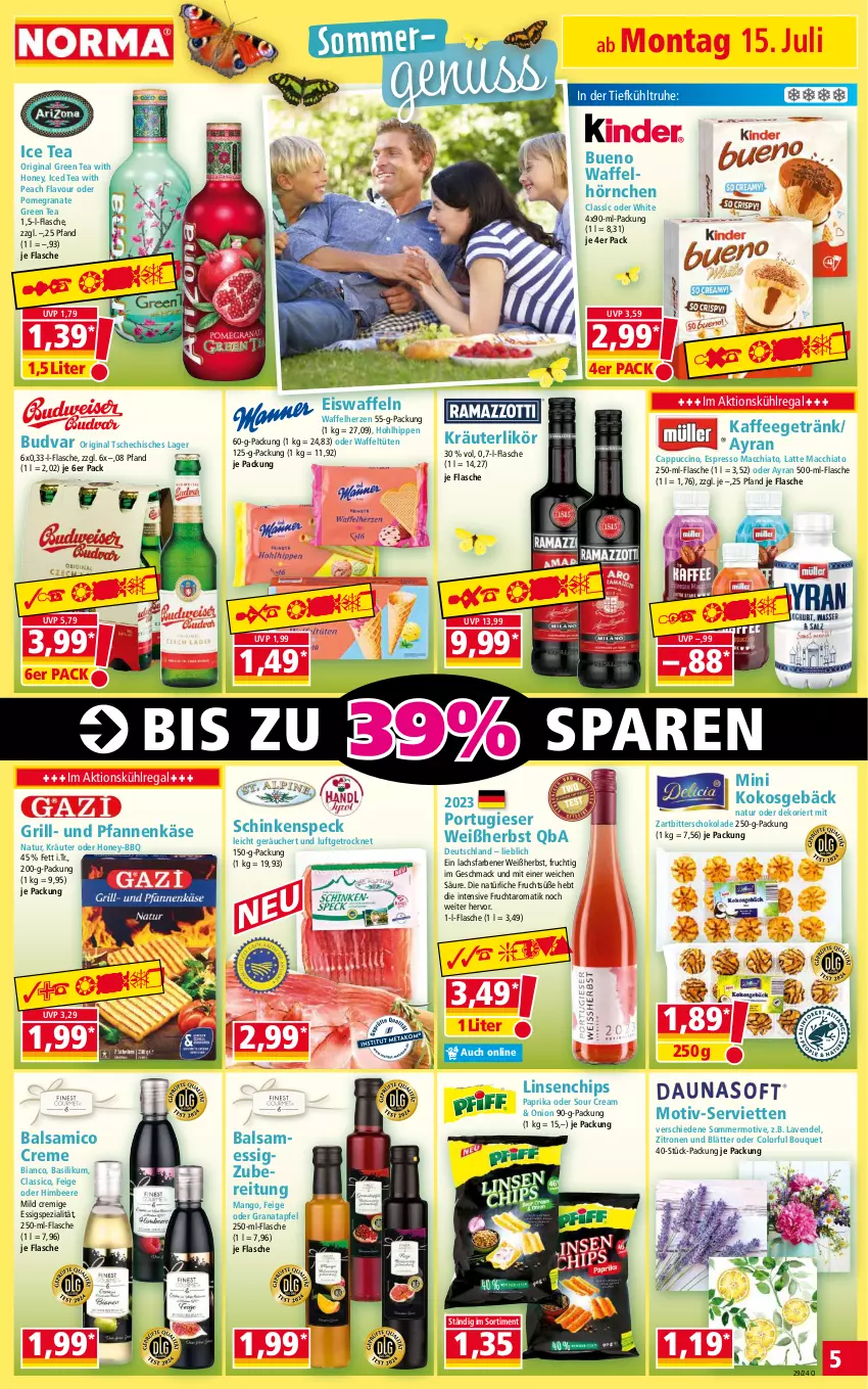 Aktueller Prospekt Norma - Norma - von 15.07 bis 22.07.2024 - strona 5 - produkty: ACC, apfel, Ayran, balsam, balsamico, basilikum, beere, Cap, cappuccino, chia, chips, cin, classico, creme, eis, eiswaffeln, espresso, essig, flasche, frucht, getränk, gin, grana, granatapfel, green tea, grill, himbeer, himbeere, hipp, hörnchen, ice tea, kaffee, Käse, kokos, kräuter, kräuterlikör, kühlregal, lachs, latte, latte macchiato, lavendel, likör, linsen, mac, macchiato, mango, natur, nuss, paprika, pfanne, pfannen, pfannenkäse, Rana, regal, schinken, schinkenspeck, schoko, schokolade, Serviette, servietten, sour cream, Speck, Spezi, Ti, Tüte, und pfanne, Waffelhörnchen, waffeln, Zartbitterschokolade, zitrone, zitronen