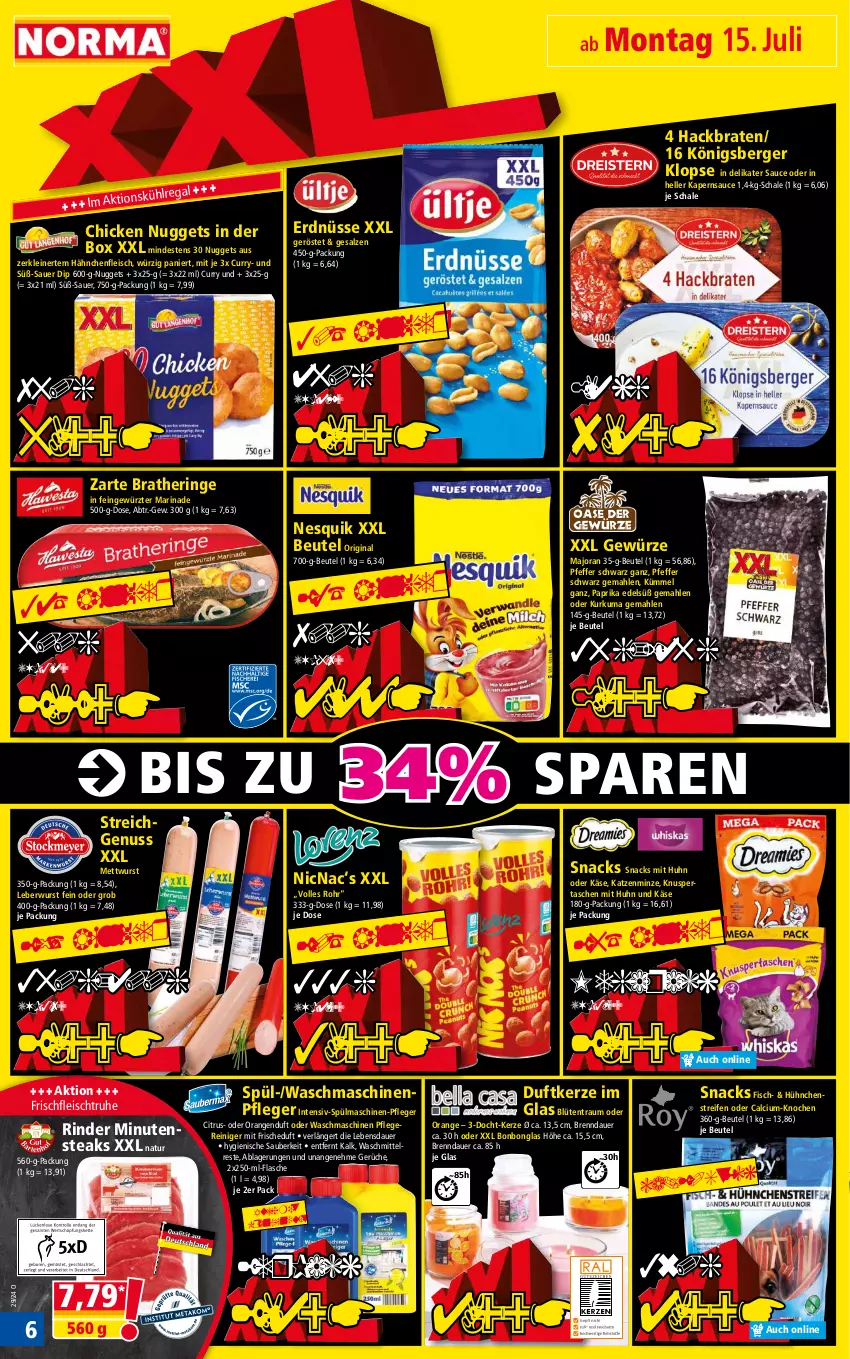 Aktueller Prospekt Norma - Norma - von 15.07 bis 22.07.2024 - strona 6 - produkty: auer, Berger, beutel, Blüte, Bonbonglas, braten, Bratheringe, Calcium, chicken nuggets, citrus, curry, dip, Duftkerze, eis, elle, erdnüsse, fisch, flasche, fleisch, gewürz, gin, Hähnchenfleisch, hering, Käse, kerze, Königsberger Klopse, leberwurst, leine, marinade, Maschinenpfleger, Mett, mettwurst, minutensteaks, minze, natur, nesquik, nuggets, nuss, orange, orangen, paprika, pfeffer, regal, reifen, reiniger, rind, rinder, ring, salz, sauce, Schal, Schale, snack, snacks, spülmaschinen, steak, steaks, Tasche, taschen, Ti, waschmaschine, waschmaschinen, waschmittel, wurst, ZTE