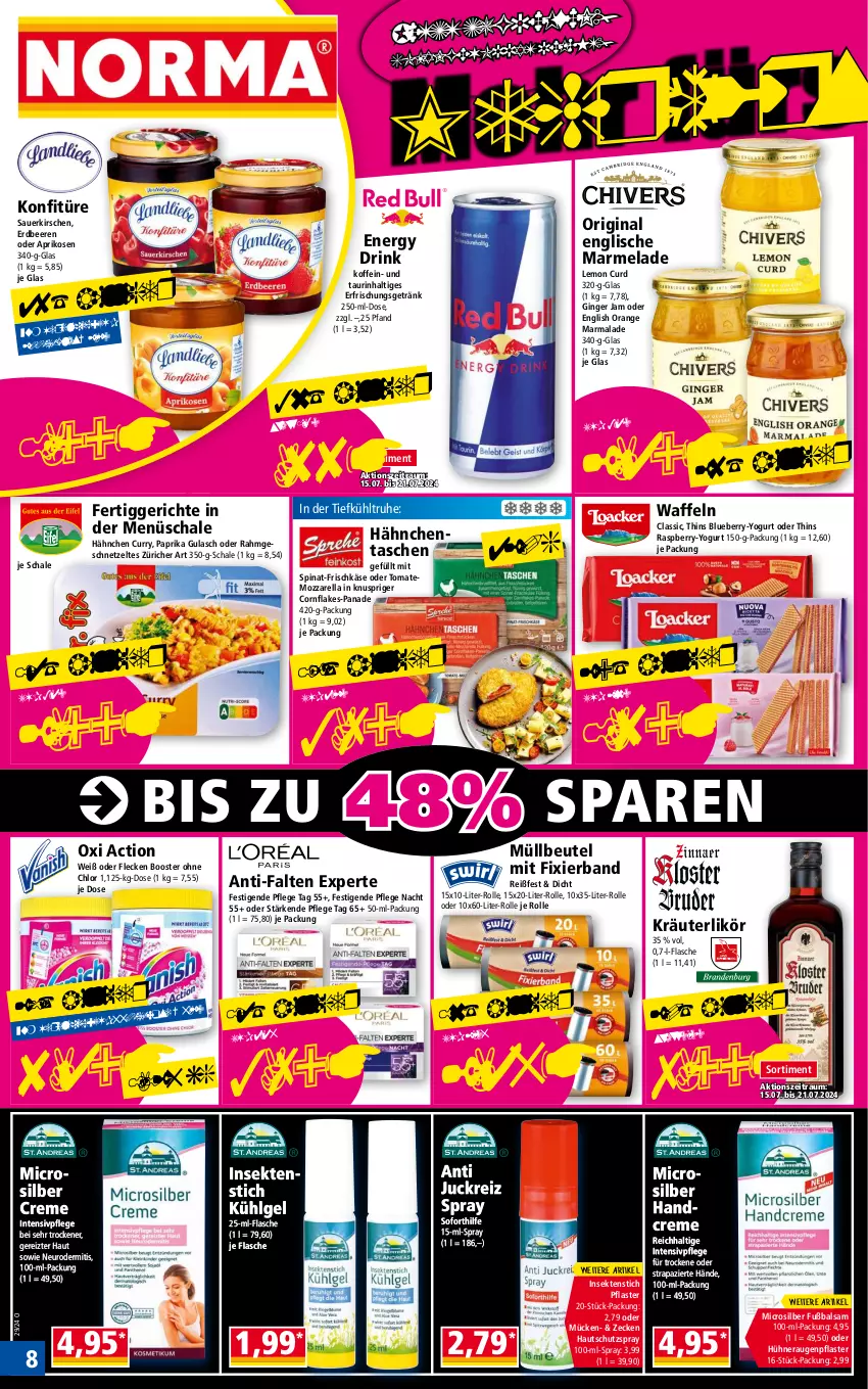 Aktueller Prospekt Norma - Norma - von 15.07 bis 22.07.2024 - strona 8 - produkty: anti-falten experte, aprikose, aprikosen, auer, balsam, beere, beeren, beutel, blueberry, creme, curry, drink, energy drink, erdbeere, erdbeeren, erfrischungsgetränk, fertiggericht, fertiggerichte, flakes, flasche, frischkäse, geschnetzeltes, getränk, gin, ginger, gulasch, handcreme, hühner, Käse, kirsch, kirsche, kirschen, konfitüre, kräuter, kräuterlikör, LG, likör, marmelade, mozzarella, müllbeutel, orange, oxi action, paprika, pflaster, raspberry, rel, sauerkirschen, Schal, Schale, sekt, spinat, Tasche, taschen, Ti, tomate, waffeln, Yo, Zelt, ZTE