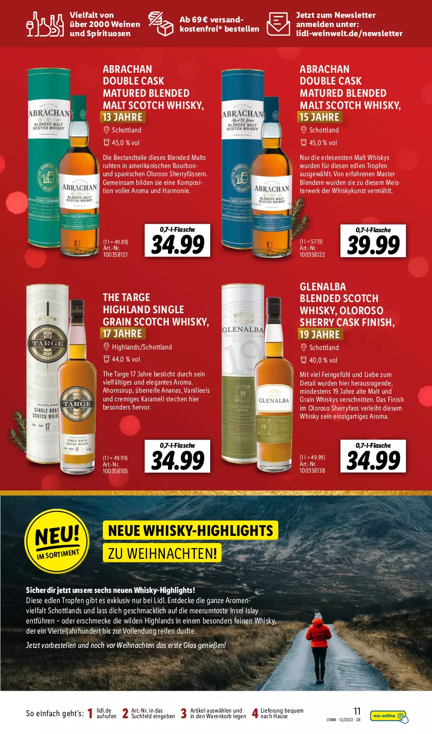 Aktueller Prospekt Lidl - Beste Weine für jeden Anlass - von 01.12 bis 31.12.2022 - strona 11 - produkty: ananas, apfel, blended scotch, blended scotch whisky, Blender, bourbon, bowle, decke, eis, elle, Finish, flasche, karamell, korb, mac, Meister, ndk, reifen, rezept, rezepte, rum, rwe, schnitten, schott, scotch, scotch whisky, sirup, spirituosen, Ti, vanille, versandkostenfrei, weihnachten, wein, weine, whisky, Wild