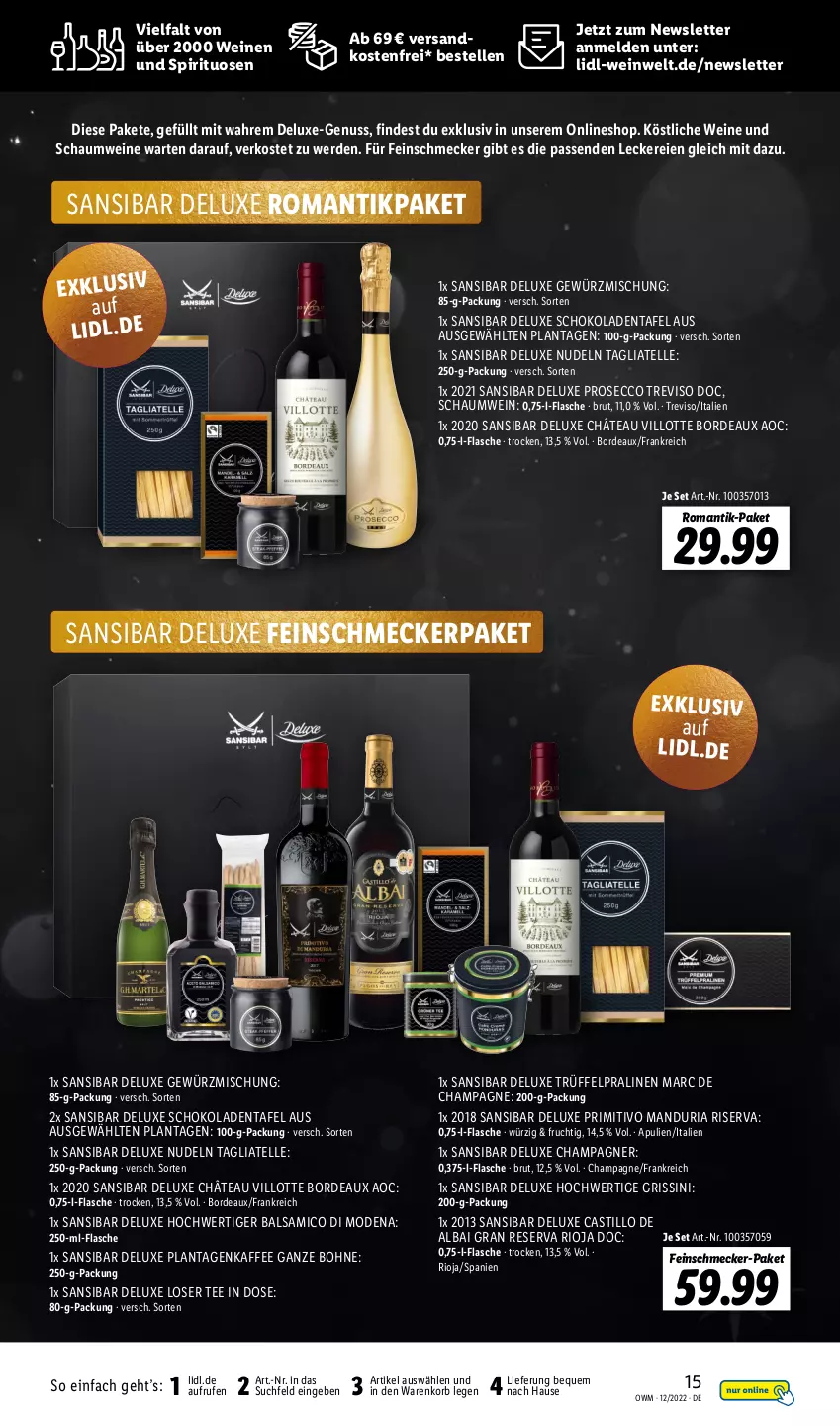 Aktueller Prospekt Lidl - Beste Weine für jeden Anlass - von 01.12 bis 31.12.2022 - strona 15 - produkty: asti, balsam, balsamico, bohne, brut, champagne, champagner, ecco, elle, erde, feinschmecker, flasche, frucht, gewürz, Gewürzmischung, grissini, kaffee, korb, Mode, ndk, nudel, nudeln, nuss, pralinen, primitivo, prosecco, Ria, rioja, riserva, schoko, schokolade, schokoladen, spirituosen, tagliatelle, tee, Ti, Trüffel, versandkostenfrei, wein, weine