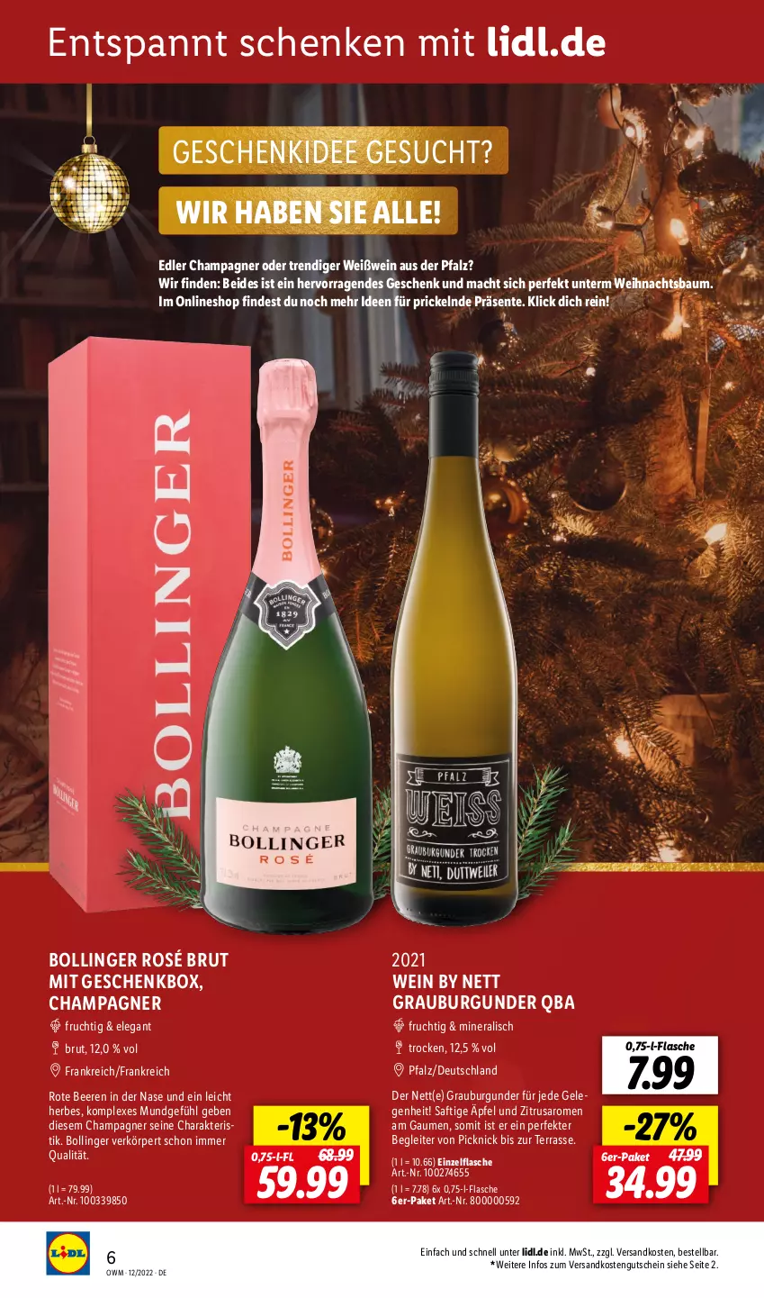 Aktueller Prospekt Lidl - Beste Weine für jeden Anlass - von 01.12 bis 31.12.2022 - strona 6 - produkty: Bau, beere, beeren, brut, burgunder, champagne, champagner, ente, flasche, frucht, Geschenkbox, grauburgunder, gutschein, mac, ndk, saft, saro, Ti, Weihnachtsbaum, wein, Weißwein