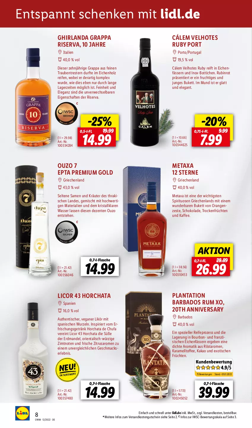 Aktueller Prospekt Lidl - Beste Weine für jeden Anlass - von 01.12 bis 31.12.2022 - strona 8 - produkty: Bad, bourbon, elle, ente, erfrischungsgetränk, flasche, frucht, früchte, früchten, getränk, grappa, gutschein, Holz, kaffee, kakao, karamell, kräuter, licor, licor 43, likör, mac, mandel, Metaxa, ndk, orange, orangen, ouzo, reifen, Ria, riserva, Rubin, rum, rwe, saro, schoko, schokolade, Spezi, spirituosen, Ti, tisch, trauben, Trockenfrüchte, wasser