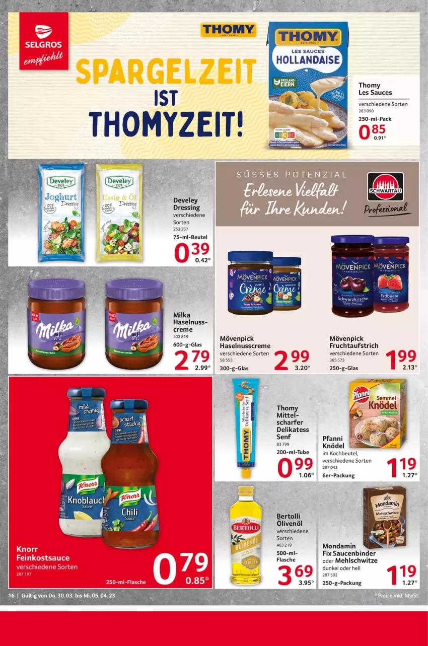 Aktueller Prospekt Selgros - Food - von 30.03 bis 05.04.2023 - strona 16 - produkty: aufstrich, bertolli, beutel, creme, dressing, eier, flasche, frucht, fruchtaufstrich, haselnuss, Haselnusscreme, hollandaise, kakao, kirsch, kirsche, Knödel, kochbeutel, mehl, milka, mondamin, mövenpick, nuss, olive, oliven, olivenöl, pfanni, sauce, saucen, Schwartau, Semmel, senf, tee, thomy, thomy les sauces, Ti