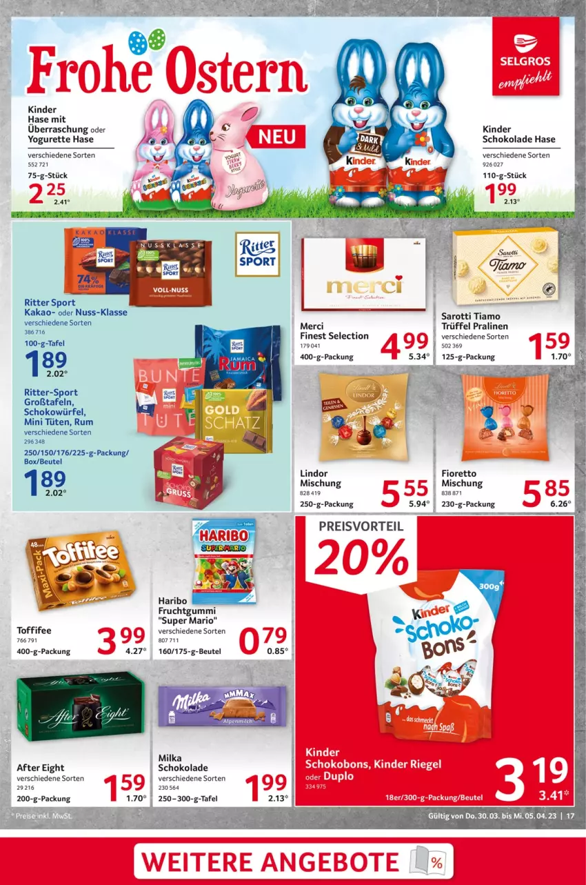 Aktueller Prospekt Selgros - Food - von 30.03 bis 05.04.2023 - strona 17 - produkty: after eight, beutel, eis, frucht, fruchtgummi, haribo, kakao, Kinder, kinder schokolade, lindor, merci, milka, nuss, pralinen, preisvorteil, reis, ritter, ritter sport, rum, saro, sarotti, schoko, schokolade, schokowürfel, Sport, Ti, toffifee, Trüffel, Tüte, würfel, Yo, yogurette