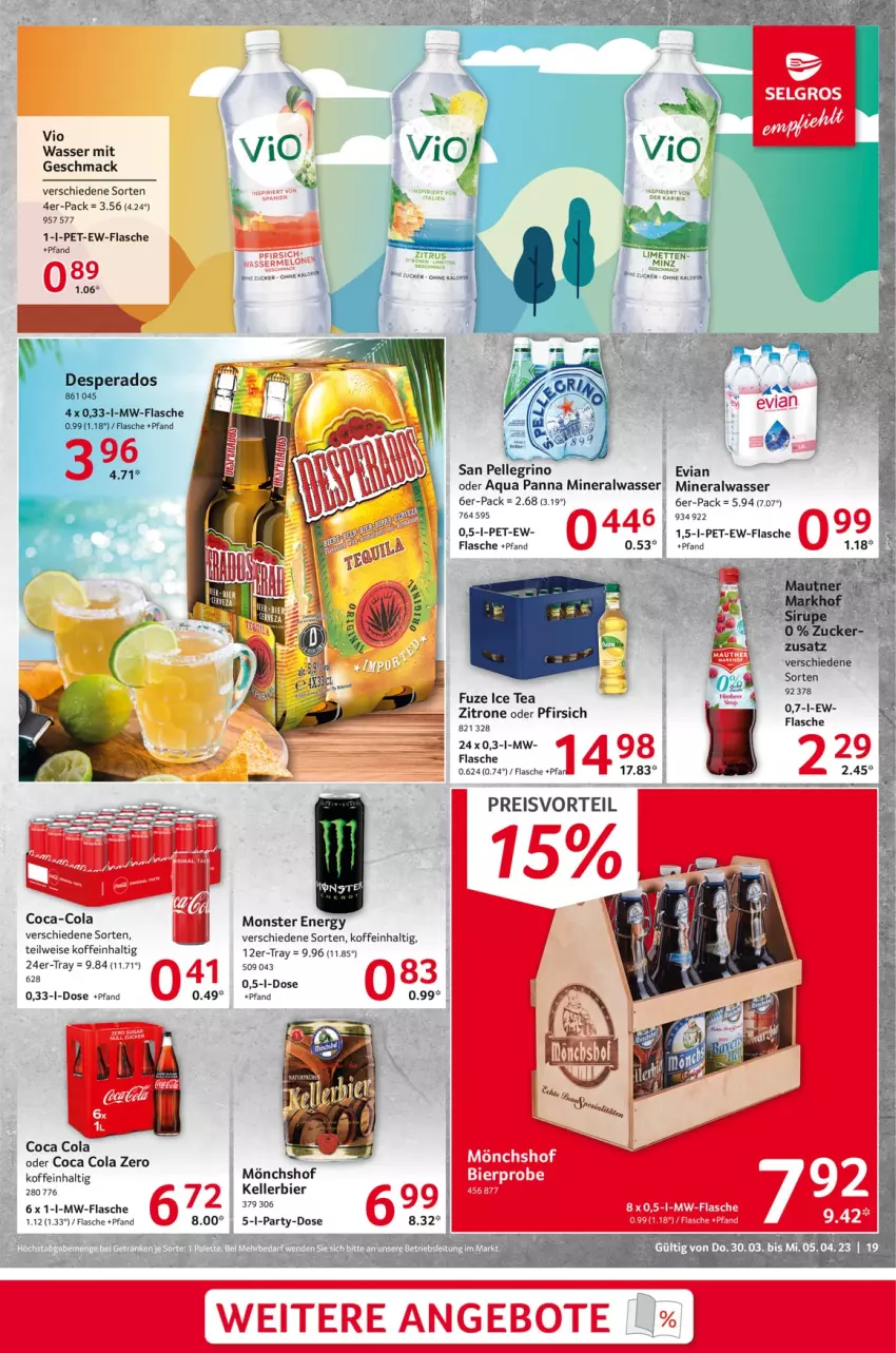 Aktueller Prospekt Selgros - Food - von 30.03 bis 05.04.2023 - strona 19 - produkty: Alwa, aqua, bier, coca-cola, cola, desperados, eis, elle, flasche, ice tea, kellerbier, LG, mac, Mautner, mineralwasser, mönchshof, monster, Monster Energy, mw-flasche, pfirsich, preisvorteil, reis, san pellegrino, sirup, Ti, wasser, zitrone, zucker