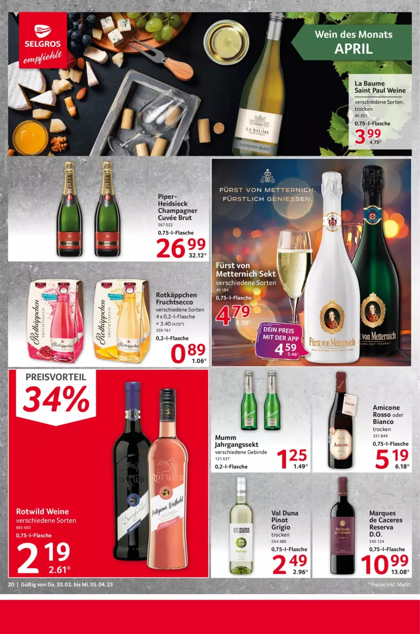 Aktueller Prospekt Selgros - Food - von 30.03 bis 05.04.2023 - strona 20 - produkty: acer, Bau, brut, champagne, champagner, ecco, flasche, frucht, fruchtsecco, fürst von metternich, HP, jahrgangssekt, Mett, metternich, mumm, Pinot, pril, Ria, rotkäppchen, sekt, wein, weine, Yo