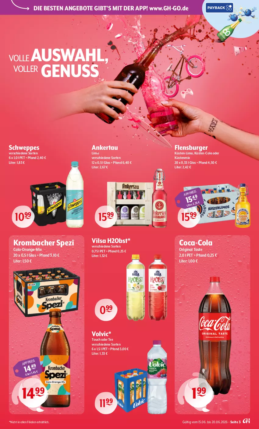 Aktueller Prospekt Getraenke Hoffmann - Prospekte - von 15.06 bis 20.06.2026 - strona 3 - produkty: angebot, angebote, burger, coca-cola, cola, eis, flensburger, gin, krombache, krombacher, limo, nuss, obst, orange, schweppes, Spezi, tee, Ti, vilsa, volvic