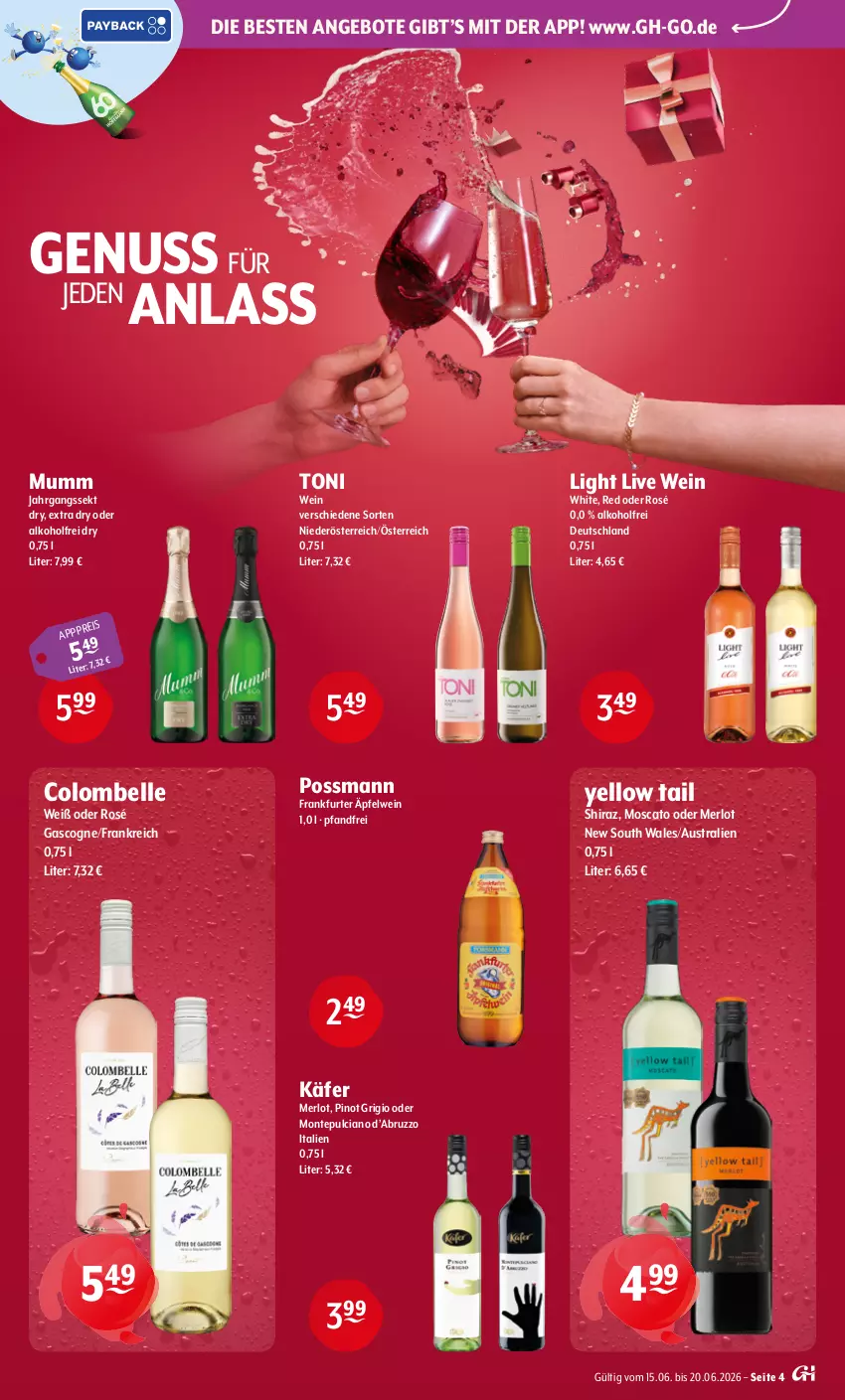 Aktueller Prospekt Getraenke Hoffmann - Prospekte - von 15.06 bis 20.06.2026 - strona 4 - produkty: alkohol, angebot, angebote, aust, eis, elle, frankfurter, jahrgangssekt, käfer, merl, merlot, monte, Montepulciano, mumm, nuss, Pinot, pinot grigio, sekt, Ti, wein, yellow tail
