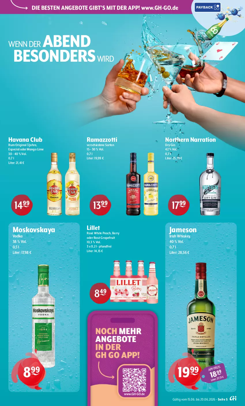 Aktueller Prospekt Getraenke Hoffmann - Prospekte - von 15.06 bis 20.06.2026 - strona 5 - produkty: angebot, angebote, dry gin, eis, gin, grapefruit, Havana Club, irish whiskey, jameson, lillet, mango, moskovskaya, rama, ramazzott, ramazzotti, rum, Ti, vodka, whiskey, zott
